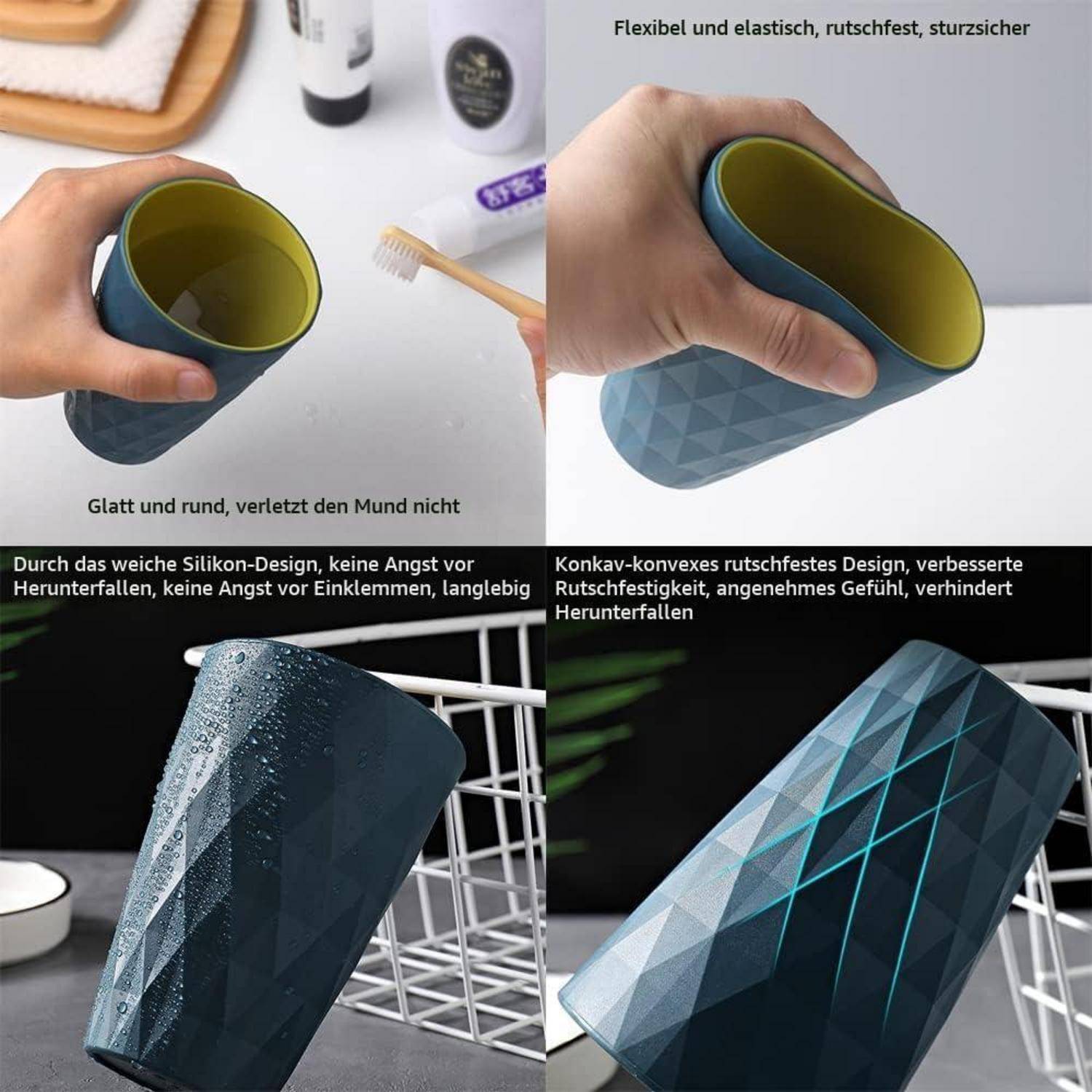 Werbecollage eines flexiblen Silikonbechers, der gequetscht und fallen gelassen wird, wobei rutschfest, bruchsicher und mundfreundliches Design hervorgehoben werden.