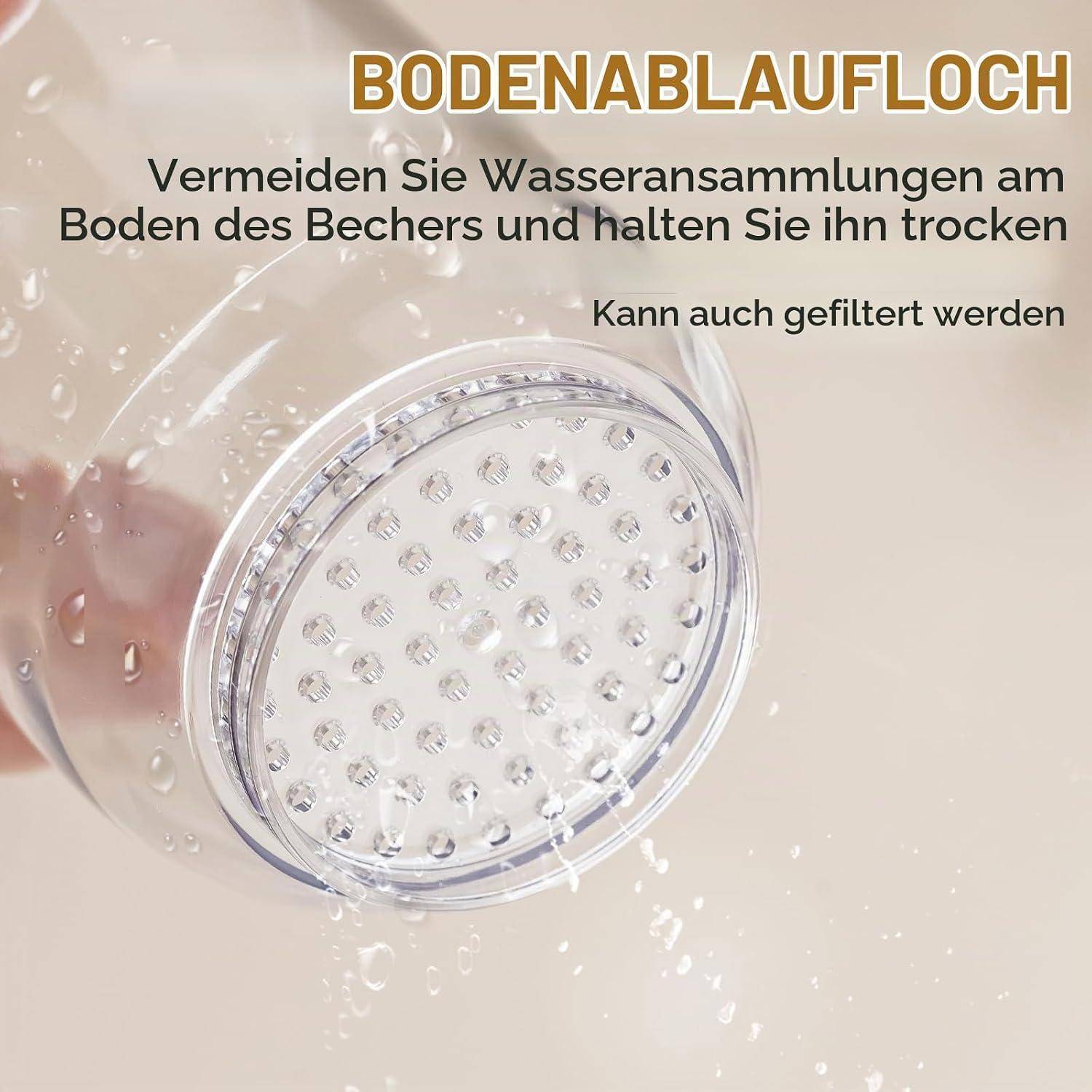 Deutsches Infografik zeigt ein Drainagenloch am Boden eines Bechers; der Text besagt, dass es Wasseraufstau am Boden verhindert, den Becher trocken hält und gefiltert werden kann.