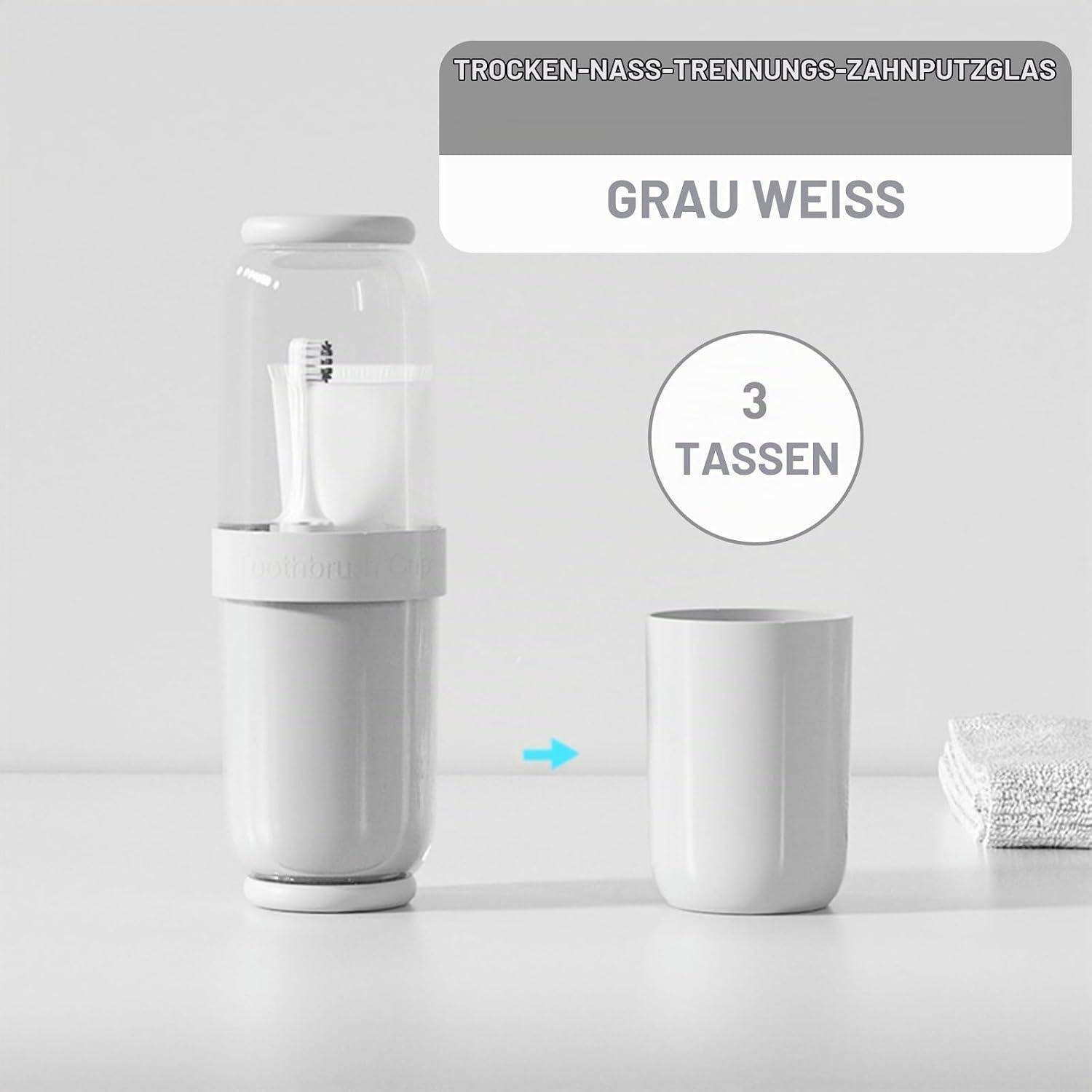 Grau-weiße Badezimmergläser-Set mit umgestülptem Zahnburstenbehälter und Tasse, gekennzeichnet mit '3 TASSEN' und 'TROCKEN-NASS-TRENNUNGS-ZAHNPUTZGLAS'.