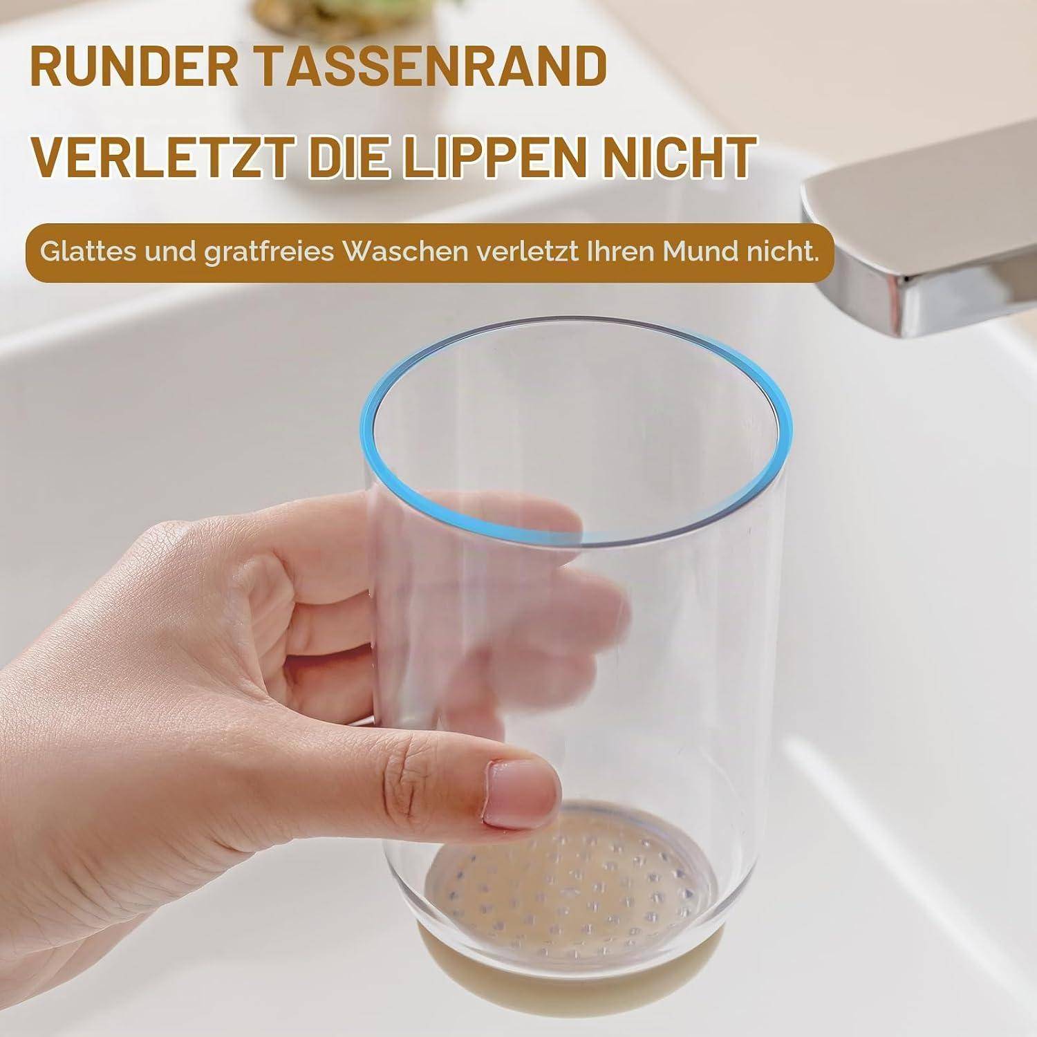 Klares Glas mit rundem Rand, das unter einem Wasserhahn gehalten wird, mit dem Text „Runder Tassenrand verletzt die Lippen nicht