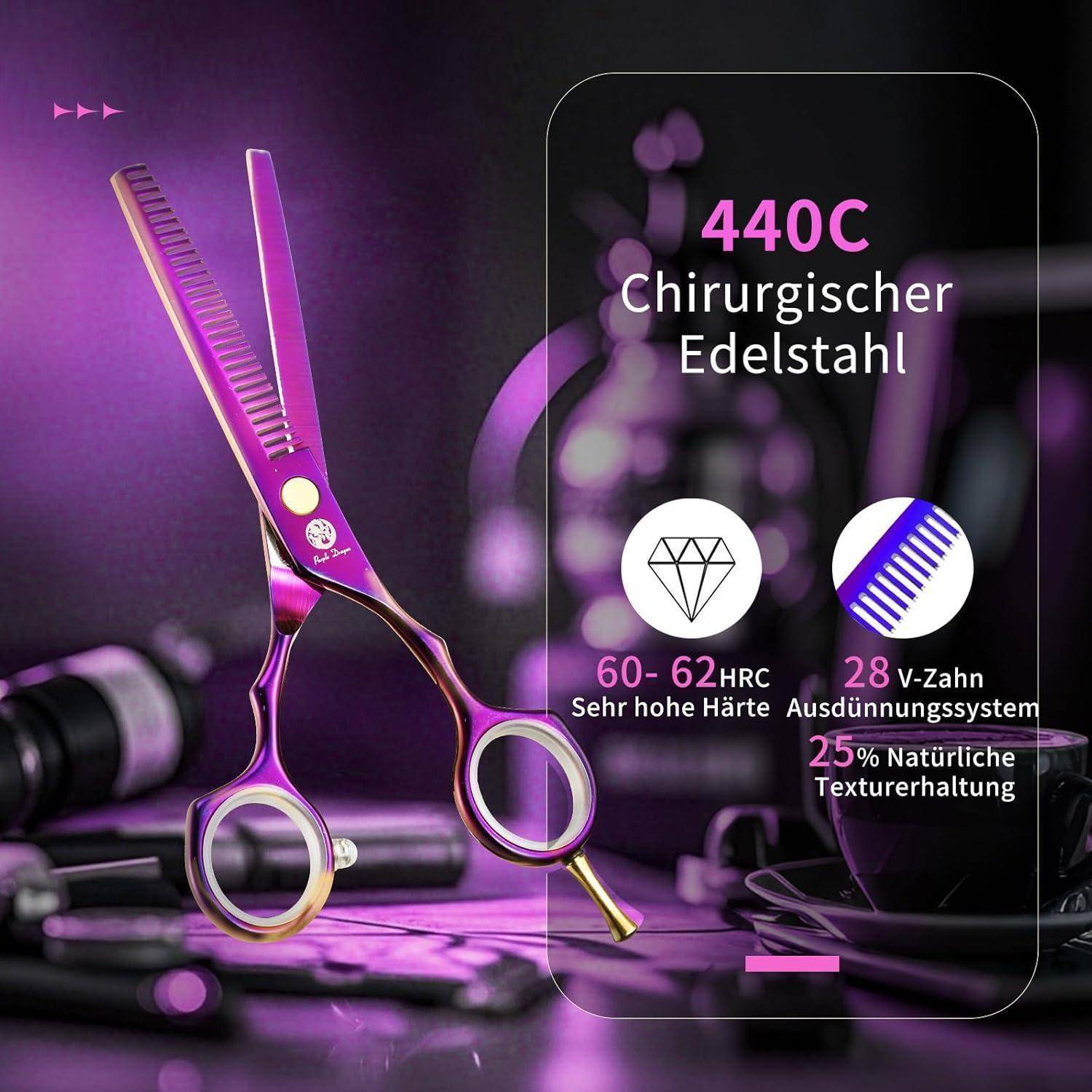 Werbebild von violetten Friseurscheren mit der Bezeichnung „440C Chirurgischer Edelstahl