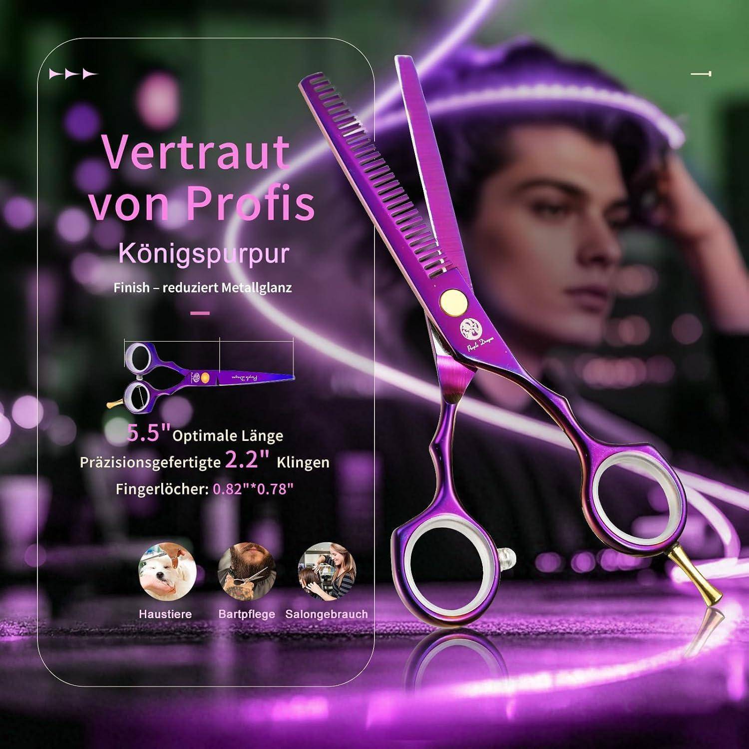 Purple Dragon Haarschere Friseurschere Set 5,5 Zoll - Lila Geschenk | 440C-Edelstahl, Reißverschlussetui, Präzises Schneiden, Verstellbares Spannung