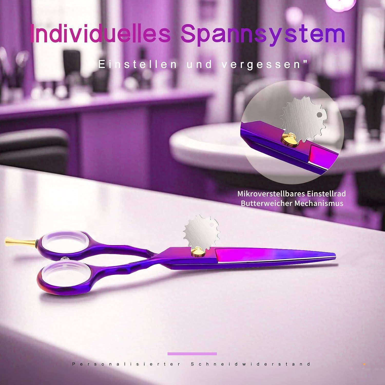 Violette ergonomische Schere mit einstellbarem Spannungsmechanismus, beschriftet mit „Individuelles Spannsystem