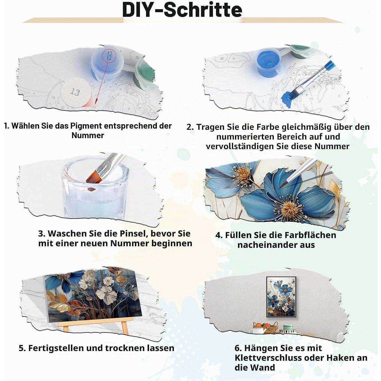 Deutscher DIY-Malen-nach-Zahlen-Leitfaden mit sechs Schritten: Pigment nach Nummer auswählen, nummerierte Bereiche bemalen, Pinsel waschen, Blumenabschnitte ausfüllen, fertigstellen und trocknen lassen, dann das fertige Kunstwerk an der Wand aufhängen.