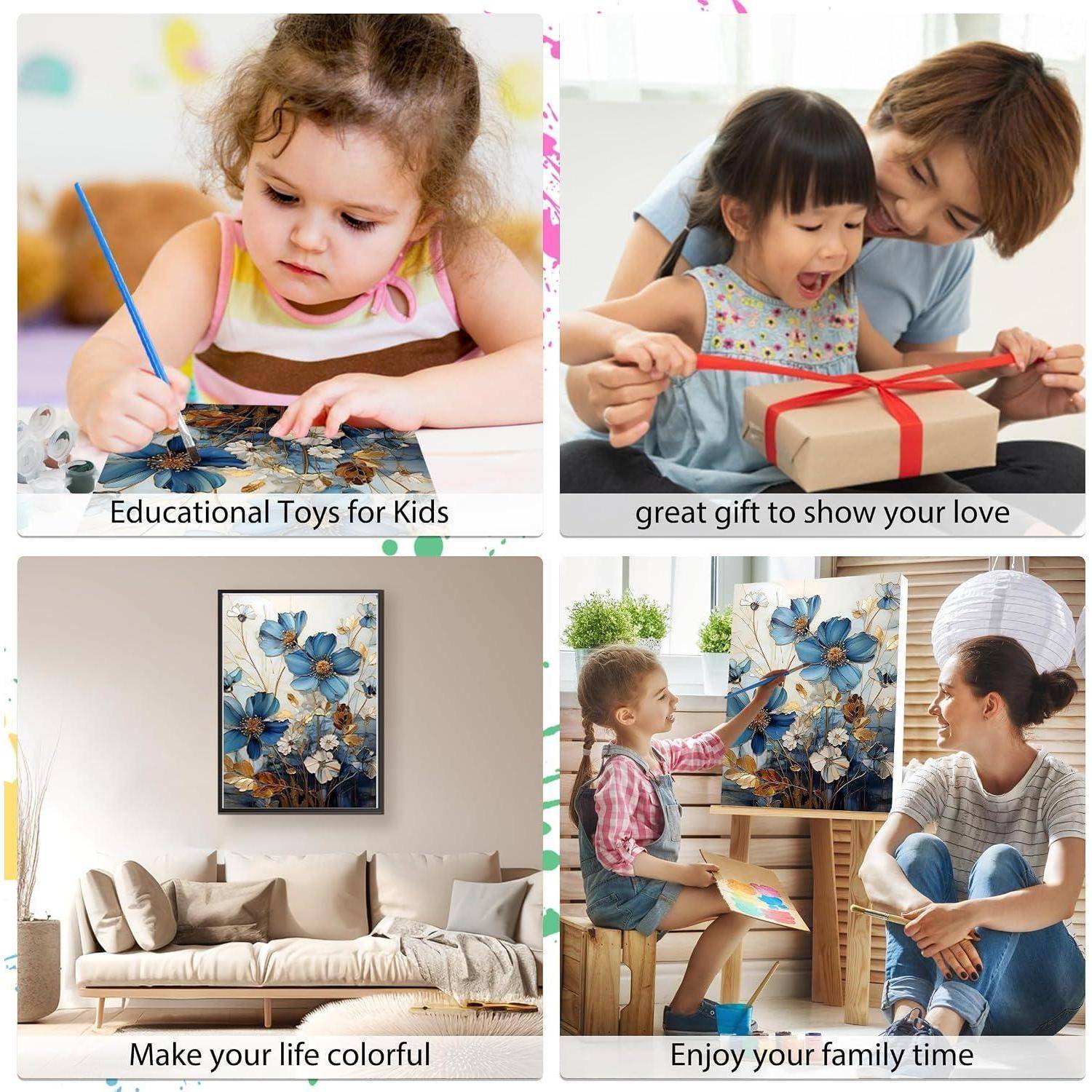 Vierfeld-Familienanzeigen-Collage: Kind malt, Eltern und Kind öffnen ein Geschenk, Blumenwandkunst in einem Wohnzimmer und Mutter und Kind malen zusammen.