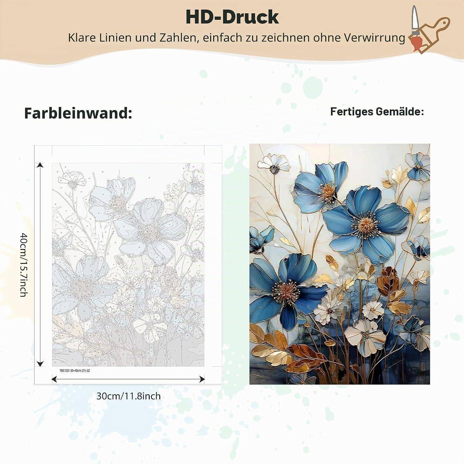 Produktanzeige mit einem 30 x 40 cm HD-Druck: links eine Strichzeichnungs-Leinwandkontur, rechts das fertige blau-goldene Blumengemälde.