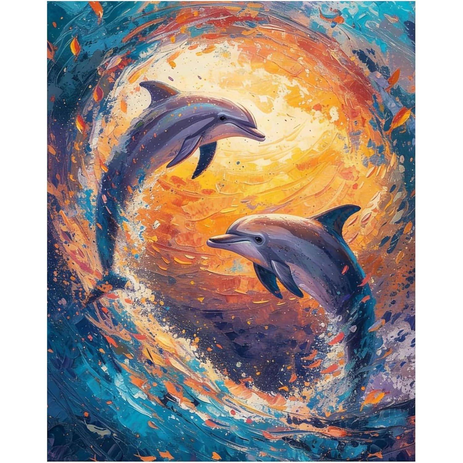Zwei Delfine schwimmen in einem wirbelnden blau-orangefarbenen Ozeanwirbel, mit einem hell beleuchteten Zentrum hinter ihnen.