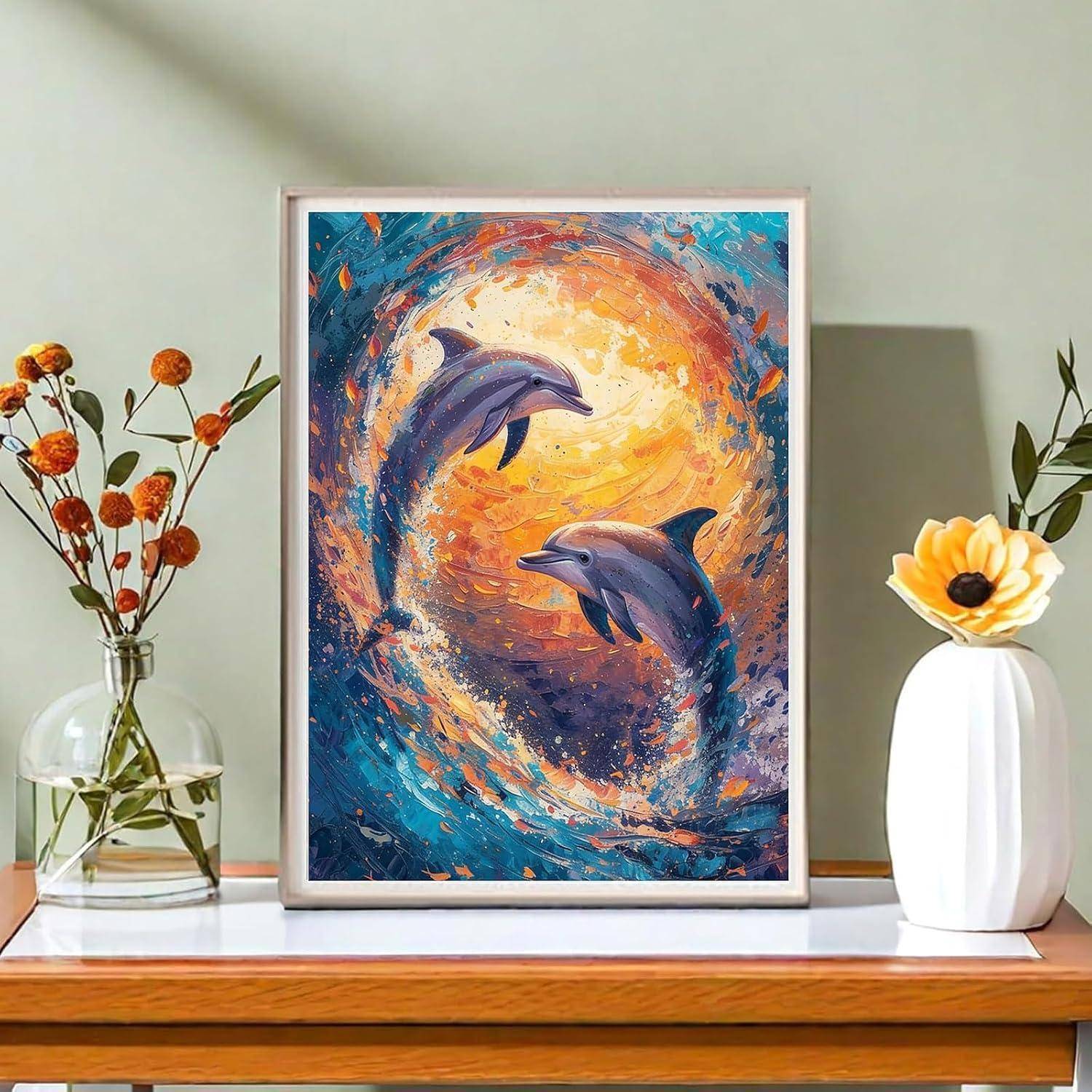 Gerahmtes, farbenfroches Delfinkunstwerk auf einem Kaminsims, flankiert von einer Glasvase mit getrockneten Blumen und einer weißen Vase mit einer gelben Blume.