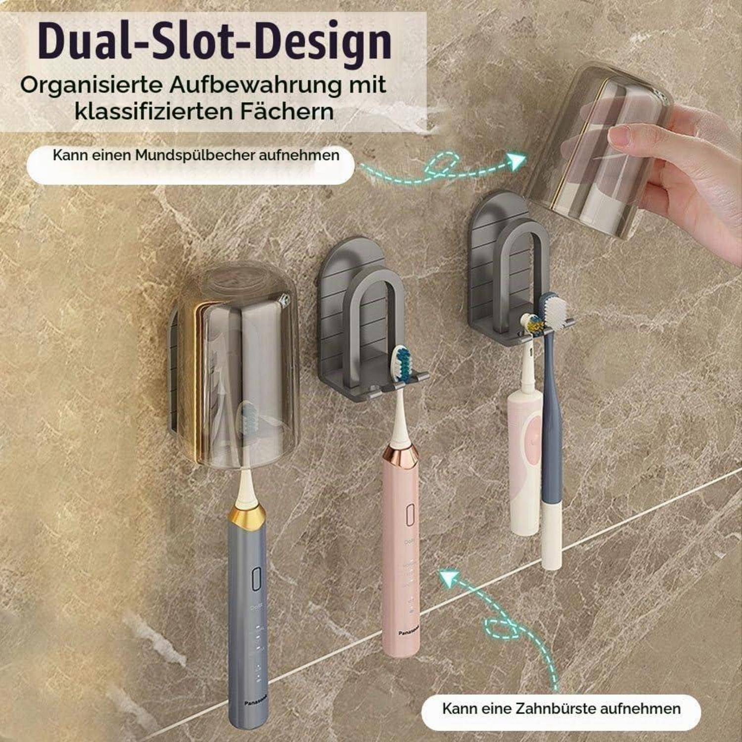 Zahnbecherhalter ohne Bohren, 1 Stück 2-in-1 Zahnbürstenhalter Wand mit Becher, Selbstklebend Zahnbürste Halterung mit umgedrehtem Getränkehalter