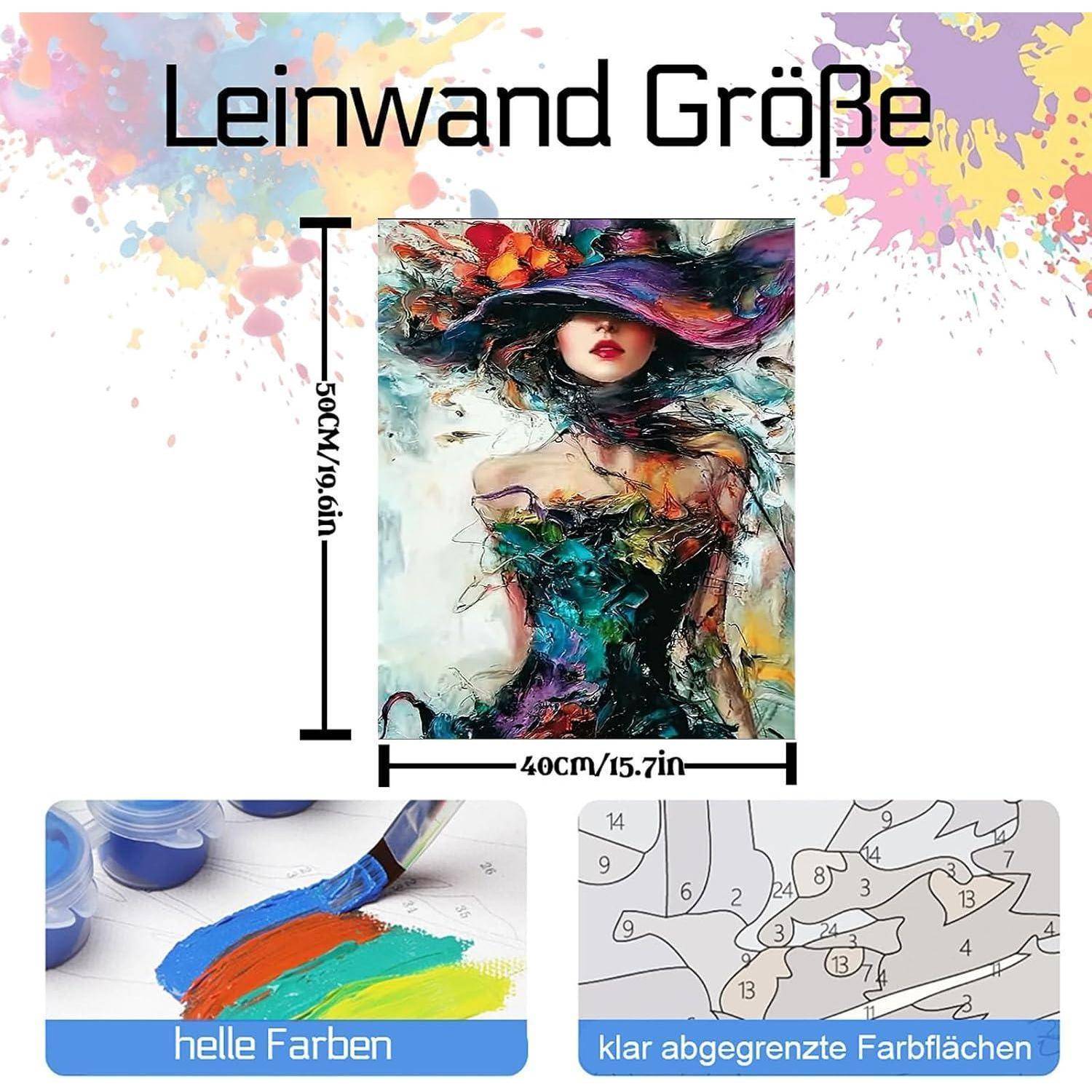 Leinwandgröße 50 cm x 40 cm, dargestellt mit einem farbenfrohen abstrakten Porträt und Beispiele leuchtender Farben und klar definierter Farbflächen.