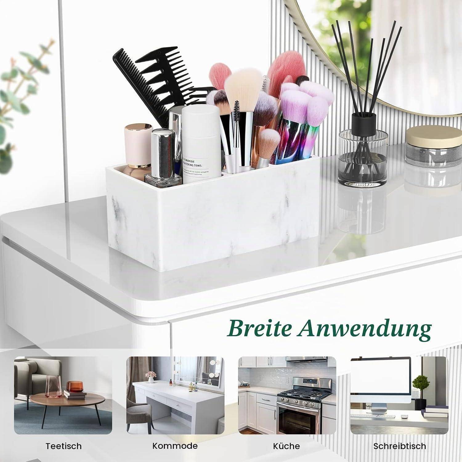 Weißer Marmor-Organizer zum Halten von Makeup-Pinseln, Kämmen und Flaschen auf einem Frisiertisch; unten zeigen kleine Fotos die Verwendung als Couchtisch, Frisiertisch-, Küchen- und Schreibtisch-Organizer.