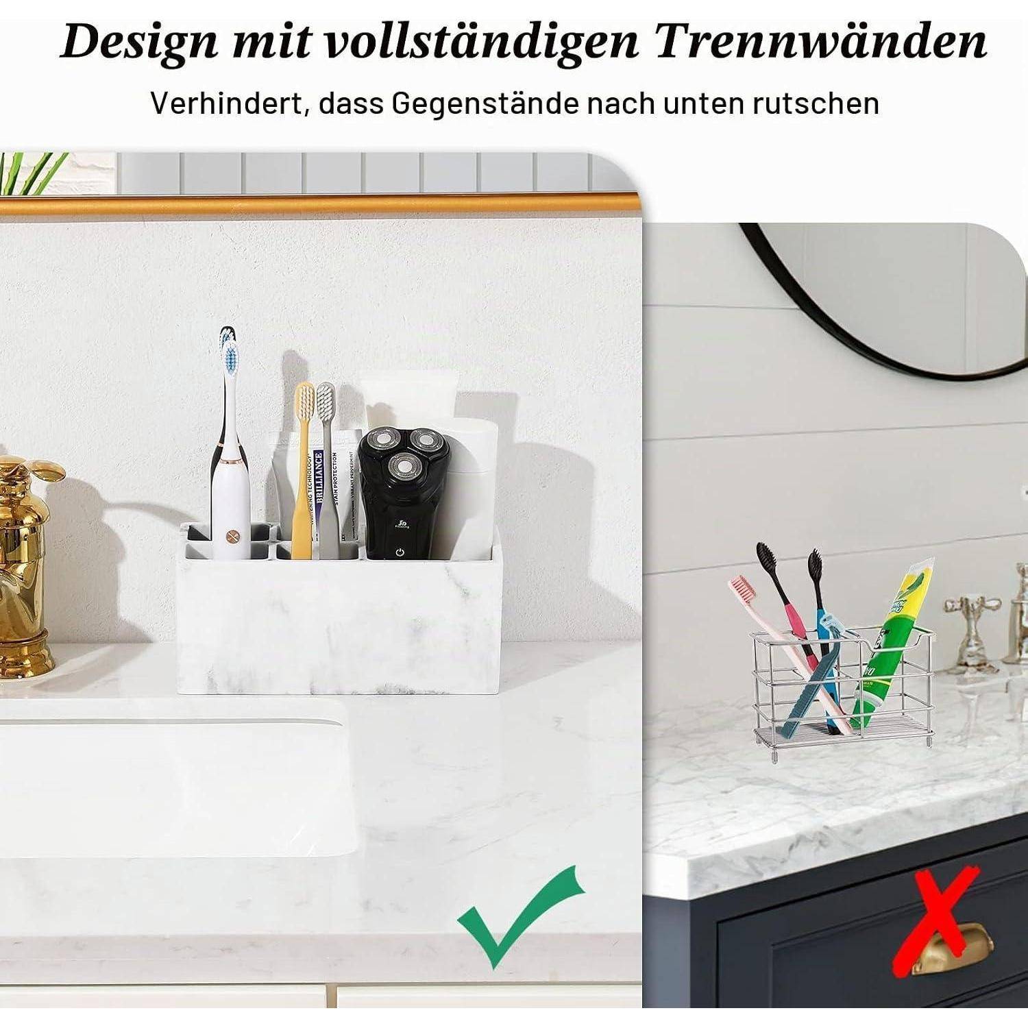 Vergleichsgrafik, die Schubladenteilungen in voller Höhe zeigt, die verhindern, dass Gegenstände hinunterrutschen, mit einem grünen Haken für die sichere Einrichtung und einem roten X für die unsichere.