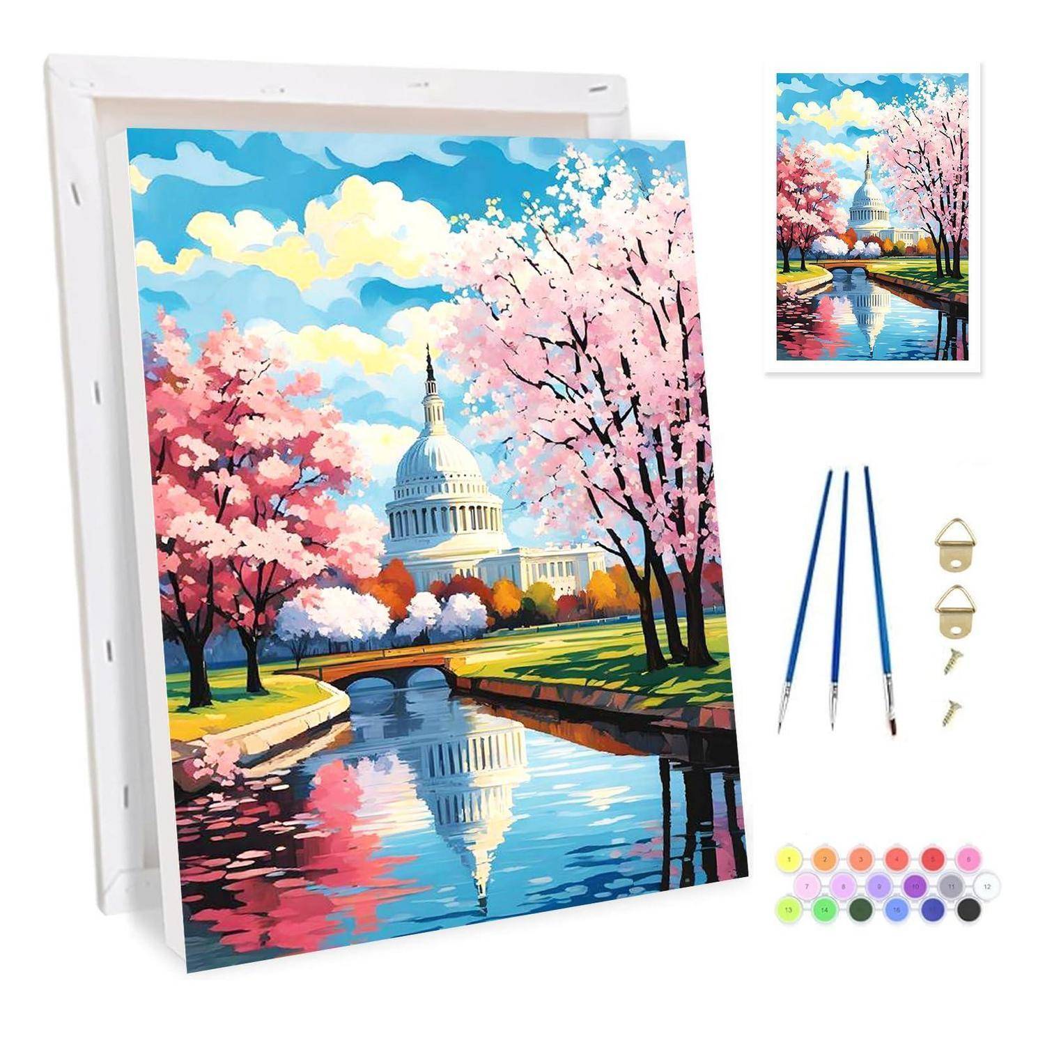 Malen-nach-Zahlen-Leinwandset mit dem U.S. Capitol an einem von Kirschblüten gesäumten Fluss, mit Pinseln, Aufhängehardware und Farbdosen.