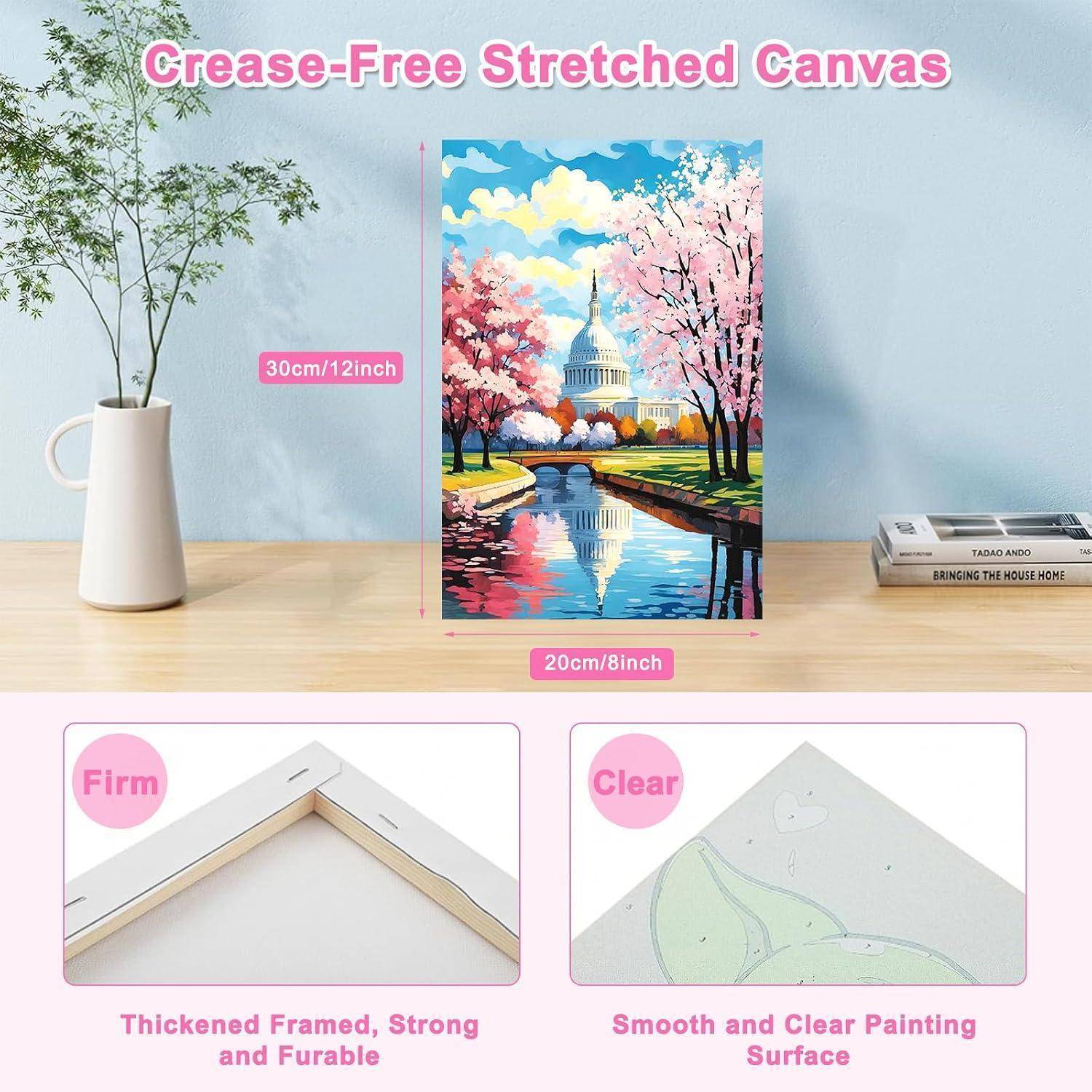 Produktanzeige für ein knitterfreies Stretched-Canvas-Druck, 30 cm x 20 cm, das eine farbenfrohe Stadtlandschaft mit dem US-Kapitol und Kirschblüten zeigt; Detailansichten heben den stabilen Rahmen und die glatte Oberfläche hervor.