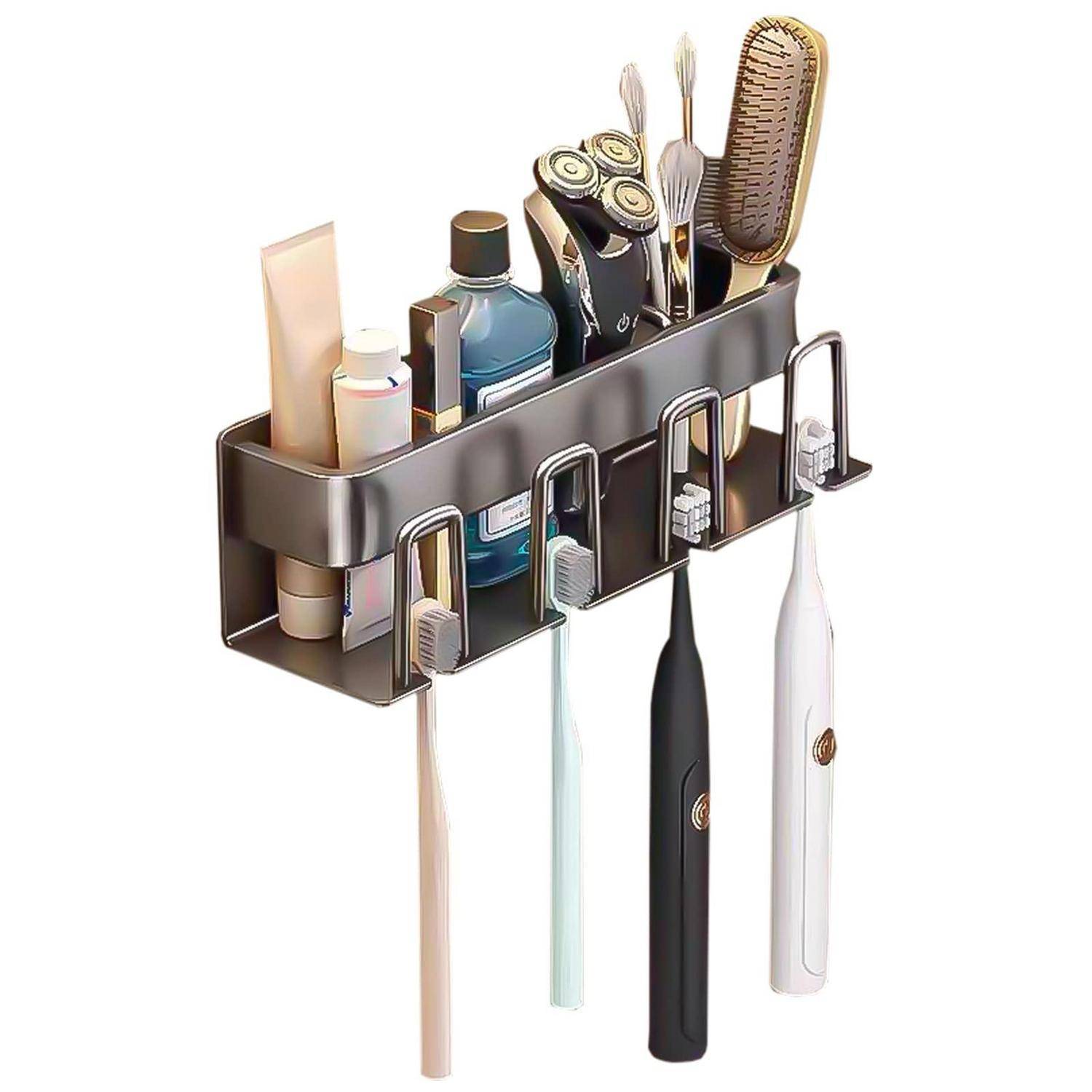 Wandmontierter Badezimmerorganizer zum Aufbewahren von Toilettenartikeln und Grooming-Tools mit Fächern für Zahnbürsten, Rasierer, Kamm und Flaschen.