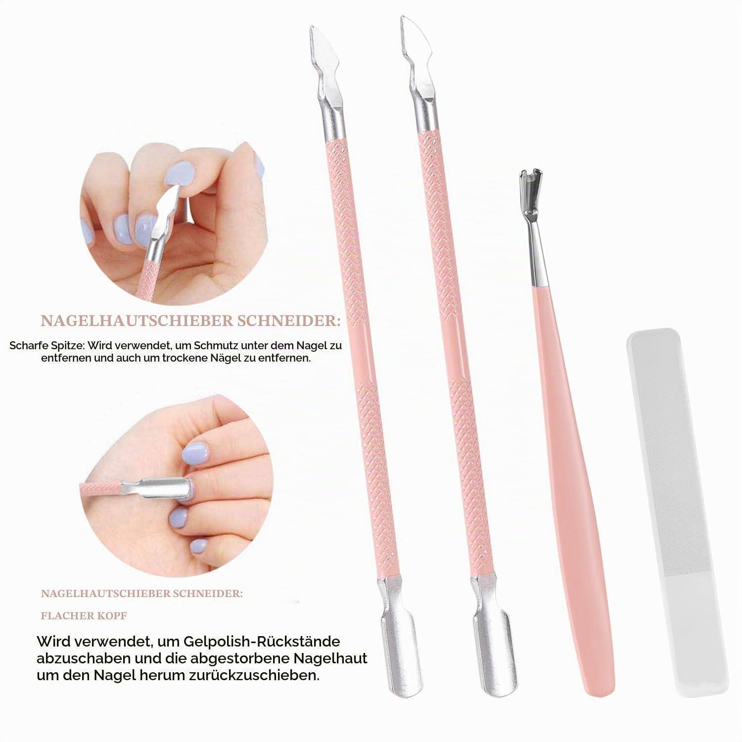 Nagelhaut-Kratzer mit rosa Griffen, gezeigt mit Nahaufnahmen, die die Verwendung zum Reinigen unter Nägeln und zum Entfernen abgestorbener Nagelhaut demonstrieren.