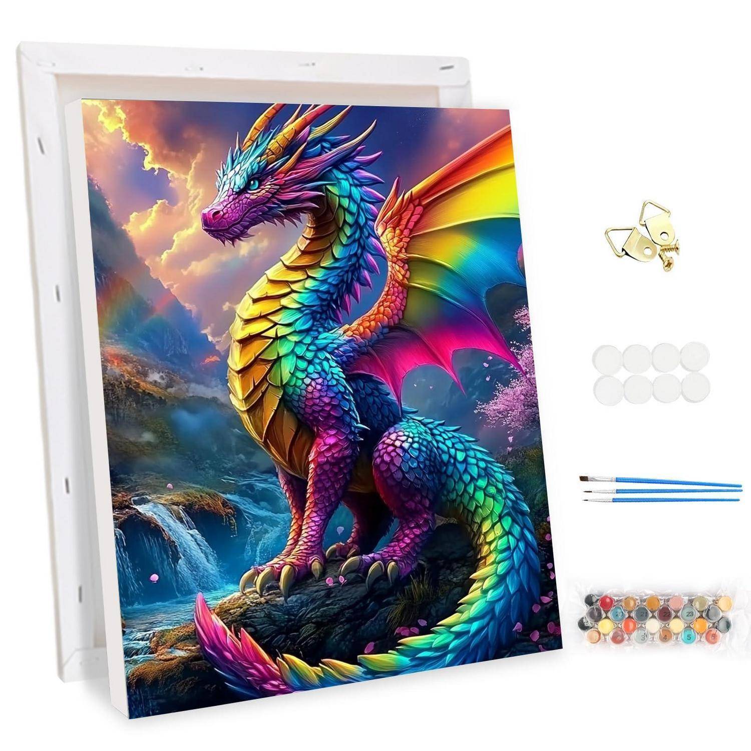 Diamond-Painting-Set mit farbenfroher Drachenleinwand, Rahmen und Werkzeugen einschließlich Applikatorstiften, Tablett, Wachspads und Bohrern.