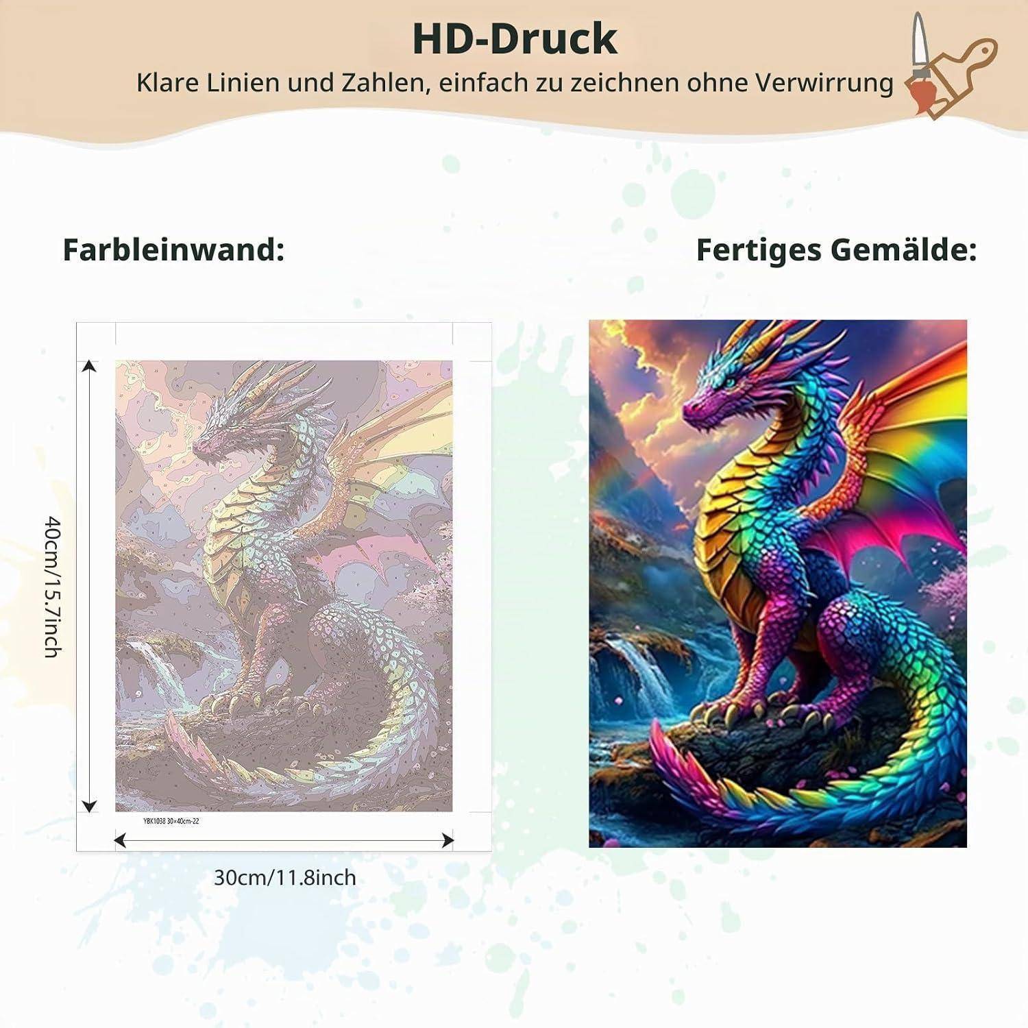Werbegrafik zum Vergleich eines verblassten Leinwanddrucks und eines lebendigen fertigen Drachegemäldes, beschriftet mit Größe 30 cm mal 40 cm und 