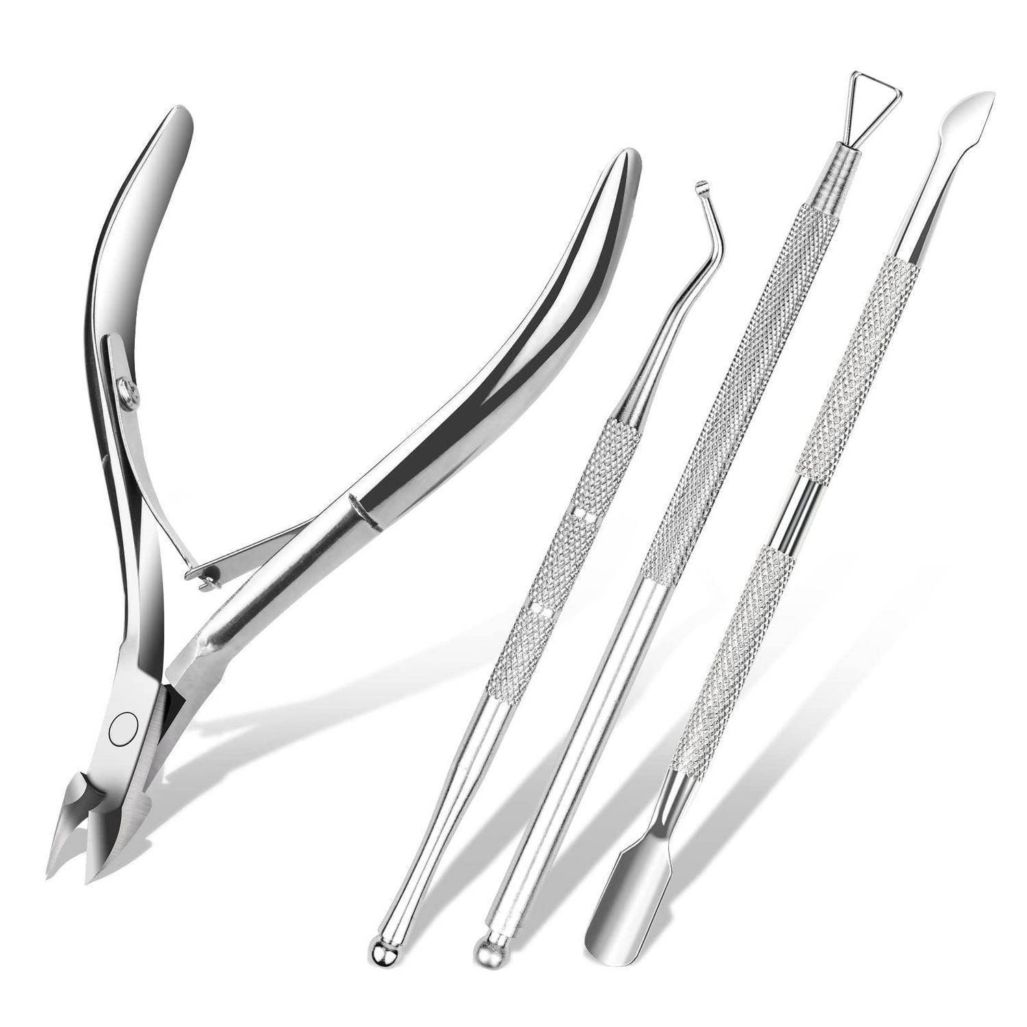 Zahnärztliche Instrumente: Ein Paar Zangen und drei Metall-Handinstrumente für Verfahren, dargestellt auf weißem Hintergrund.