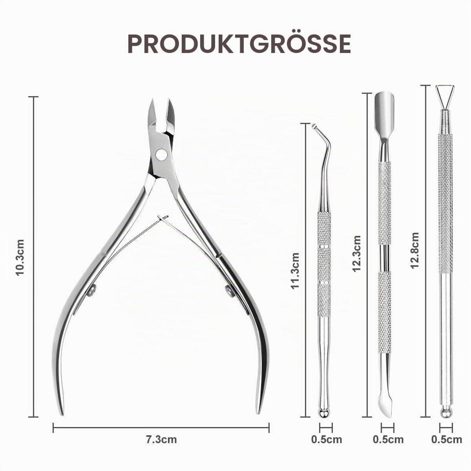 Produktgrößen-Diagramm mit vier Edelstahl-Maniküre-Werkzeugen mit gekennzeichneten Abmessungen: Zange 10,3 cm x 7,3 cm und drei Spitzen/Werkzeuge 11,3 cm, 12,3 cm, 12,8 cm lang, jeweils 0,5 cm breit.