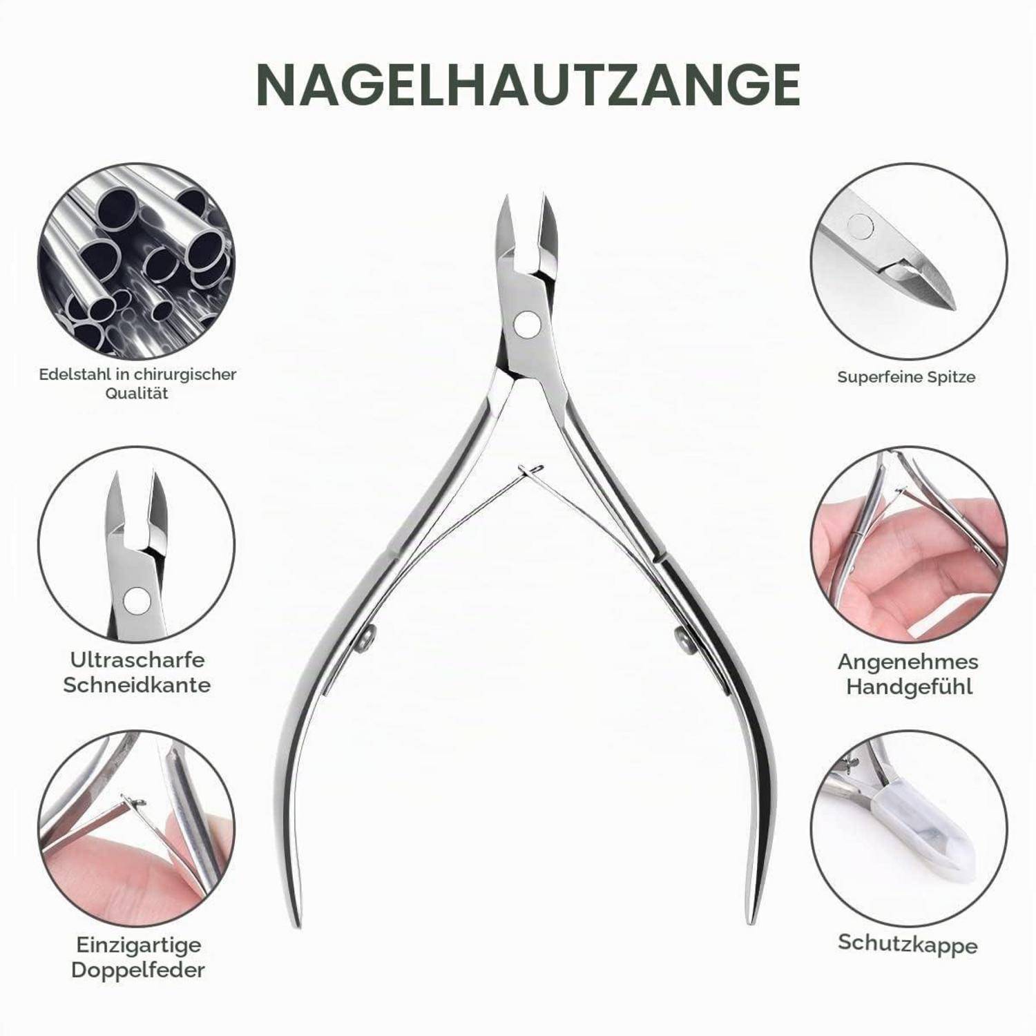 Produktgrafik der 'NAGELHAUTZANGE' mit Beschriftungen für chirurgisches Edelstahl, ultracharfe Klinge, superfeine Spitze, ergonomischer Griff, Doppelfeder und Schutzkappe.