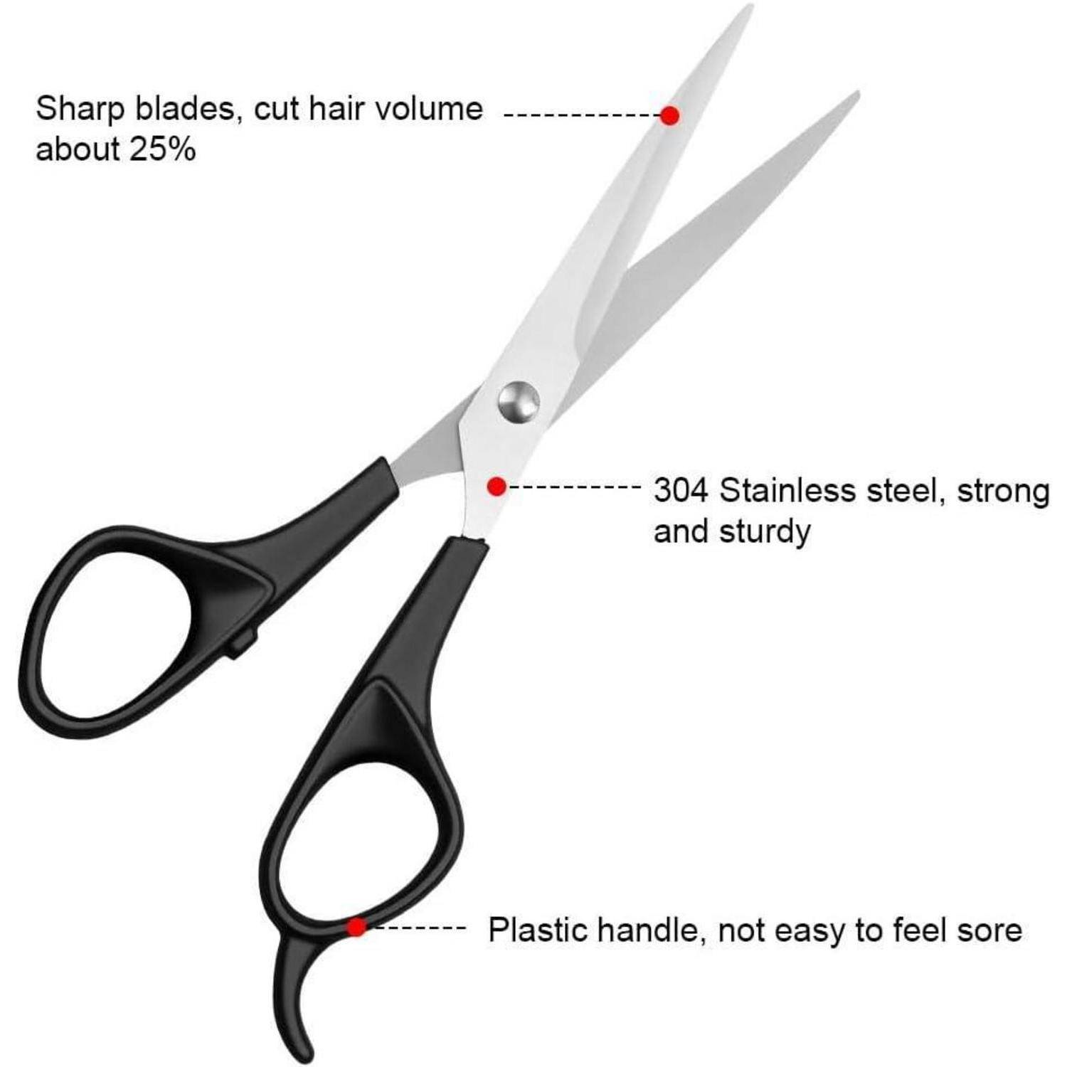 Illustrierte Haarschere mit Beschriftungen: scharfe Klingen schneiden Haarvolumen um etwa 25%, 304er Edelstahl stark und robust, und Kunststoffgriff nicht leicht ermüdend.