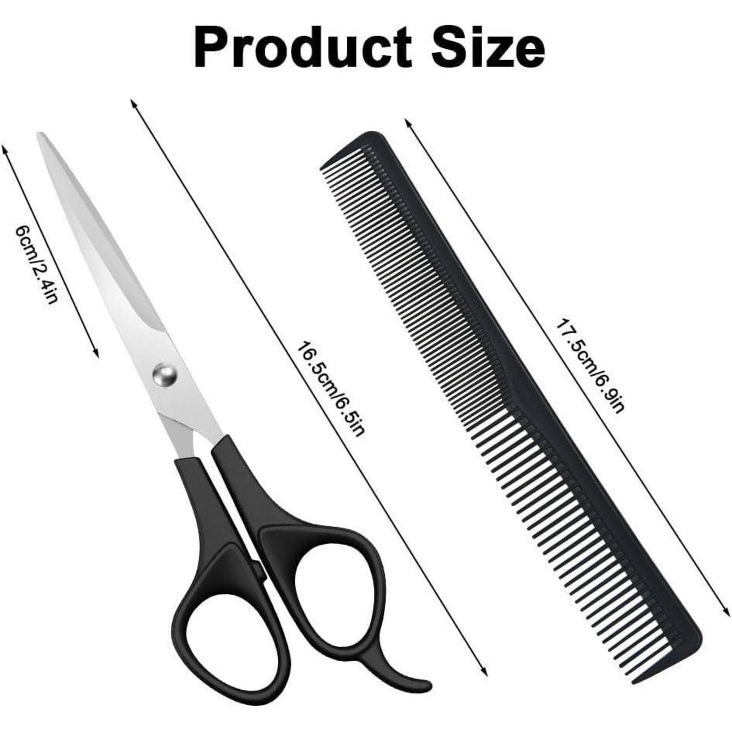 Produktgrößendiagramm mit einer Schere von 16,5 cm (6,5 Zoll) Länge und einem Kamm von 17,5 cm (6,9 Zoll) Länge, mit einer Klingenlänge von 6 cm (2,4 Zoll).