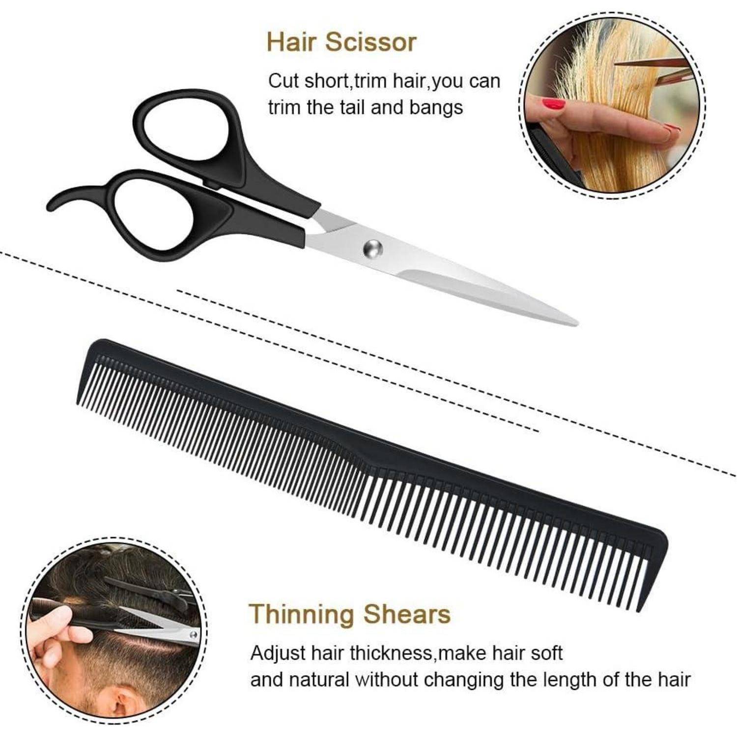 Werbegrafik mit Haarschneidescheren und einem Kamm, mit eingefügten Fotos, die das Haare schneiden und das Ausdünnen von Haaren demonstrieren; Textbeschriftungen „Haarschere