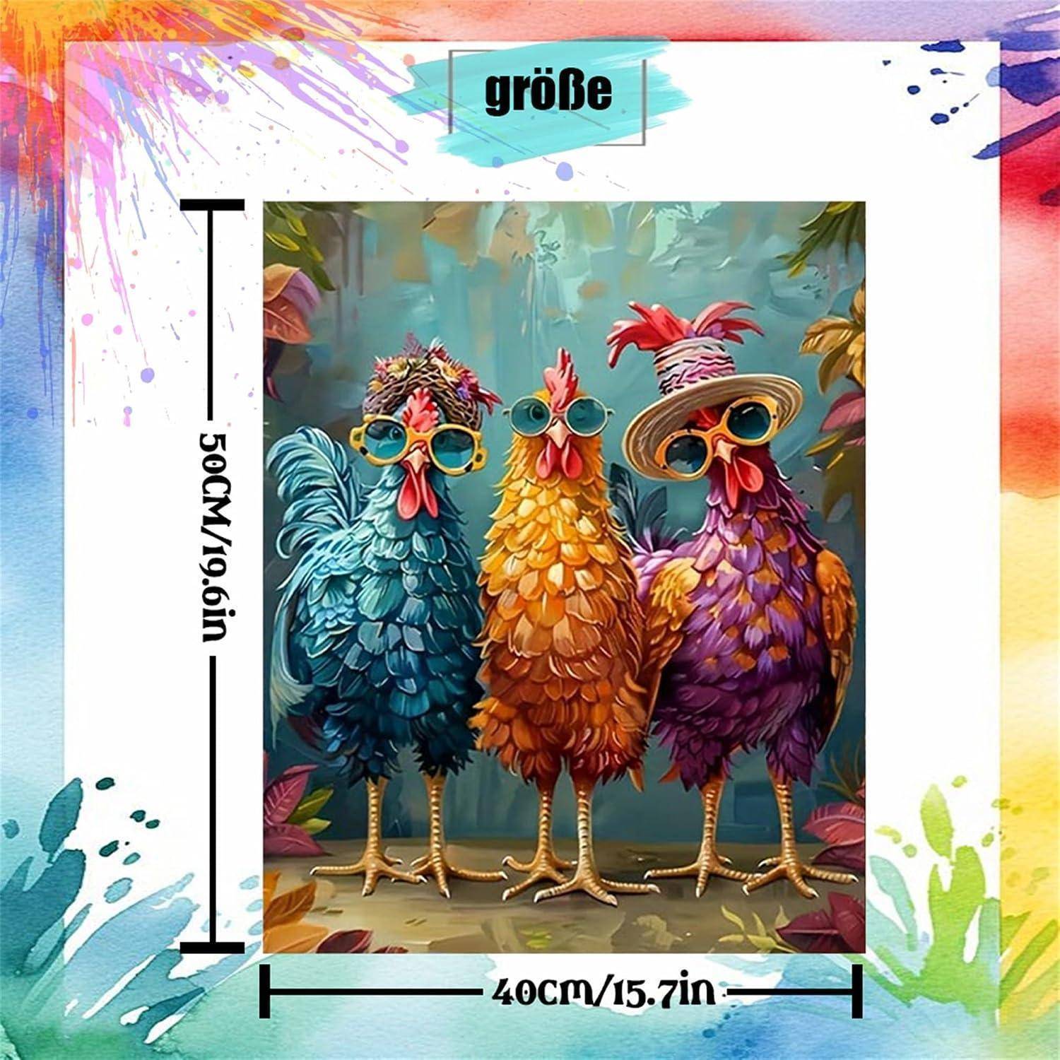Größentabelle für einen Wandkunstdruck mit der Bezeichnung 'Größe', mit den Abmessungen 50 cm (19,6 Zoll) Höhe mal 40 cm (15,7 Zoll) Breite und einer farbenfrohen Illustration mit drei Vögeln.