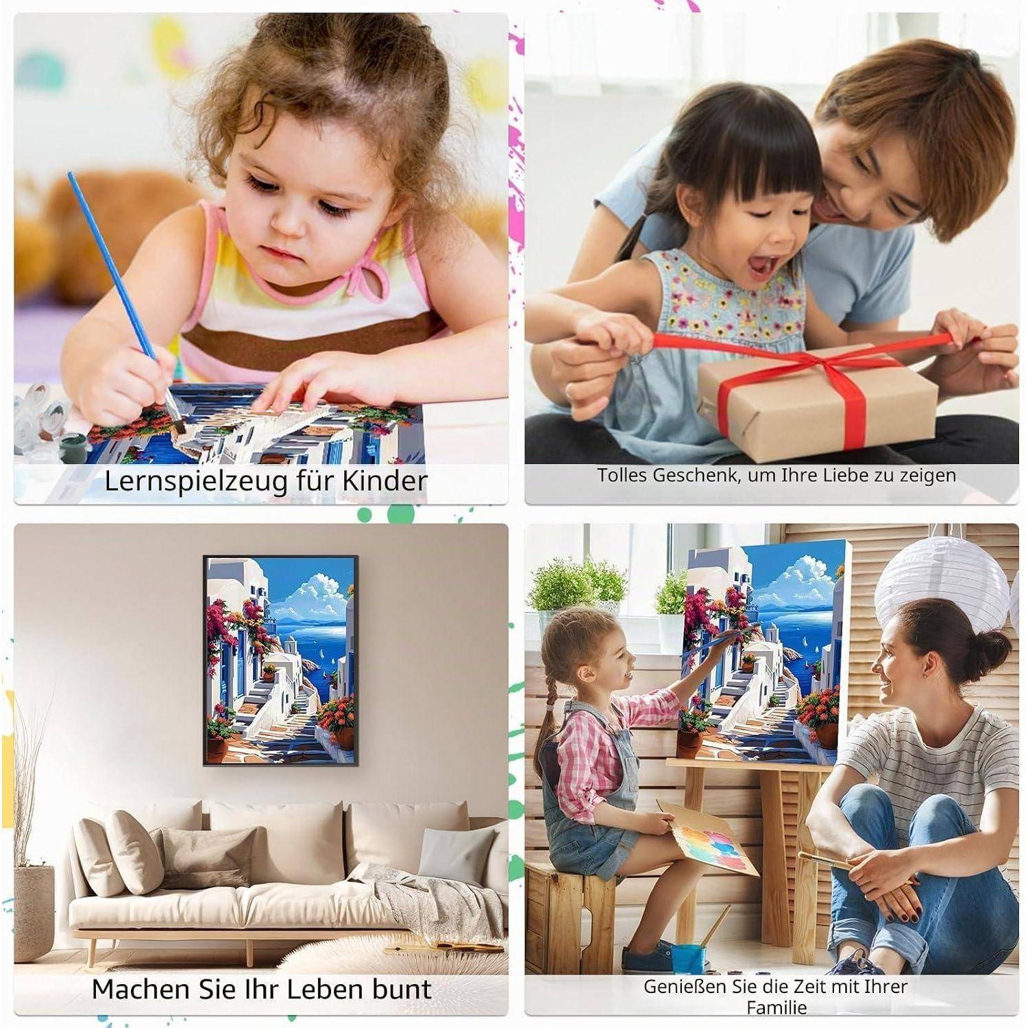 Vierteiliges Fotomosaik: Kinder malen und öffnen ein Geschenk, sowie bunte Wandkunst in einem Wohnzimmer und ein Elternteil mit Kind, das gemeinsame Familienzeit genießt; deutsche Bildunterschriften bewerben Lernspielzeug und Geschenke für Kinder.