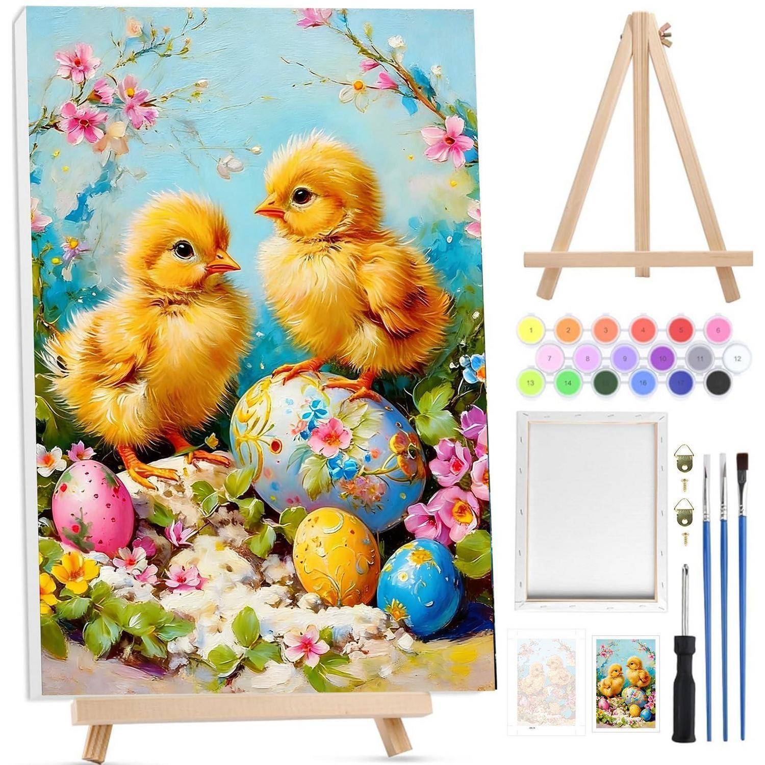 Malen-nach-Zahlen-Set mit zwei gelben Küken in einer blumigen Frühjahrsszene, plus Staffelei, nummerierte Farben, Pinsel, Leinwand und Rahmen.