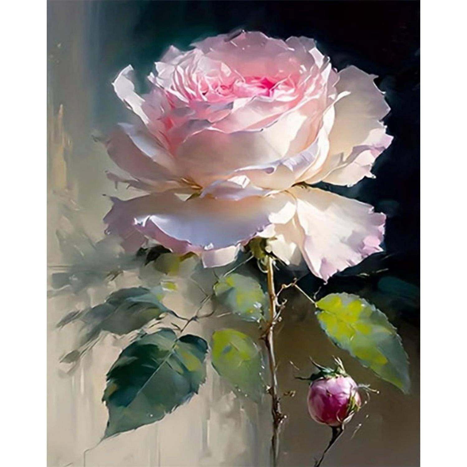 Gemälde einer hellrosa Rosenblüte in voller Blüte mit grünen Blättern und einer kleinen Rosenknospe auf dunklem Hintergrund.