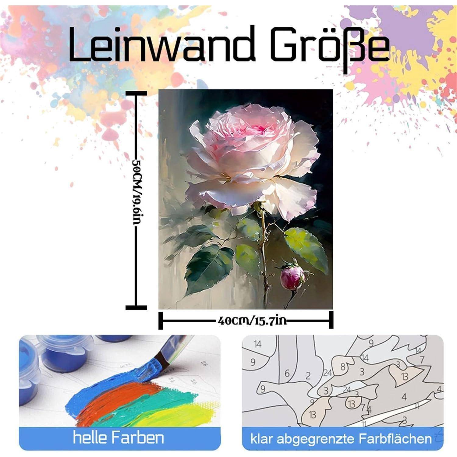 Produktgrafik mit einer Leinwandgröße von 50 cm x 40 cm und einer gemalten Rose; untere Beispiele zeigen leuchtende Farben und klar definierte Farbflächen.