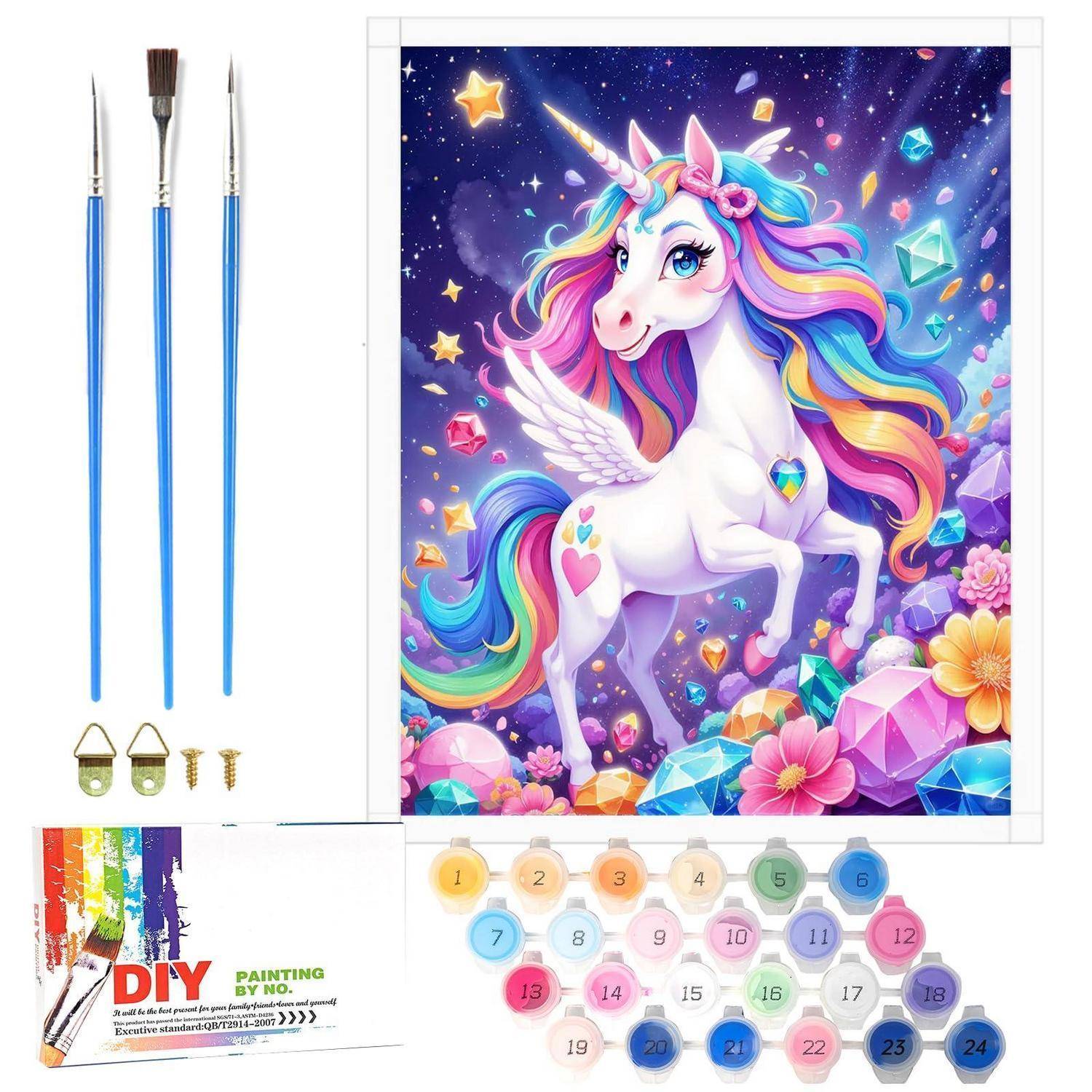 DIY Malen-nach-Zahlen Einhorn-Set mit Pinseln, nummerierten Farbdosen, Leinwand und Zubehör.