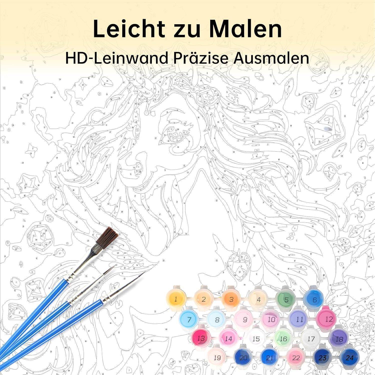 Mal-nach-Zahlen-Leinwand mit dem Gesicht einer Frau mit fließendem Haar und Pinseln; deutscher Text liest sich „Leicht zu Malen