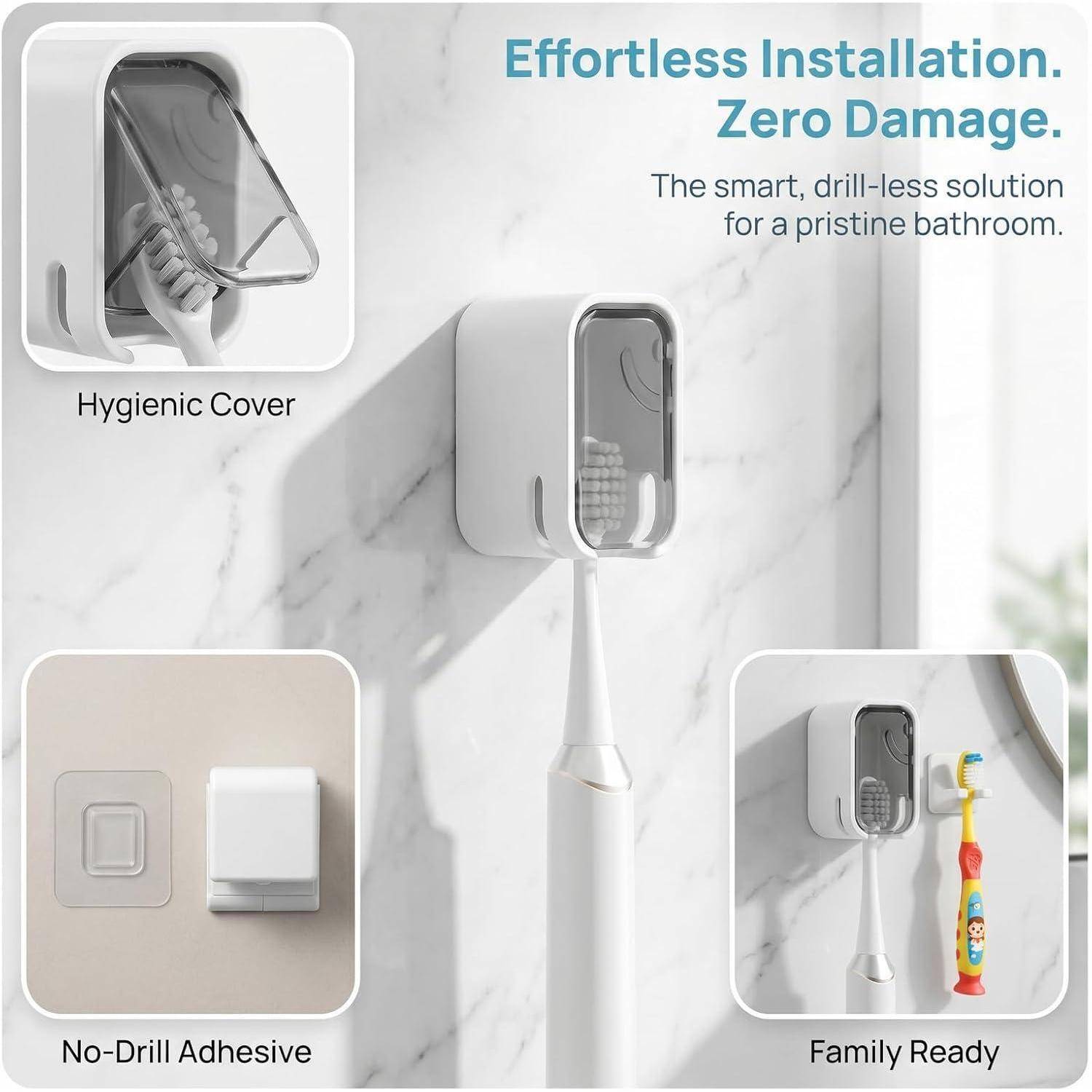 Haftender Badezimmer-Zahnbürstenhalter mit hygienischer Abdeckung und bohrlochfreier Montage; Text sagt „Mühelose Installation. Null Schaden.