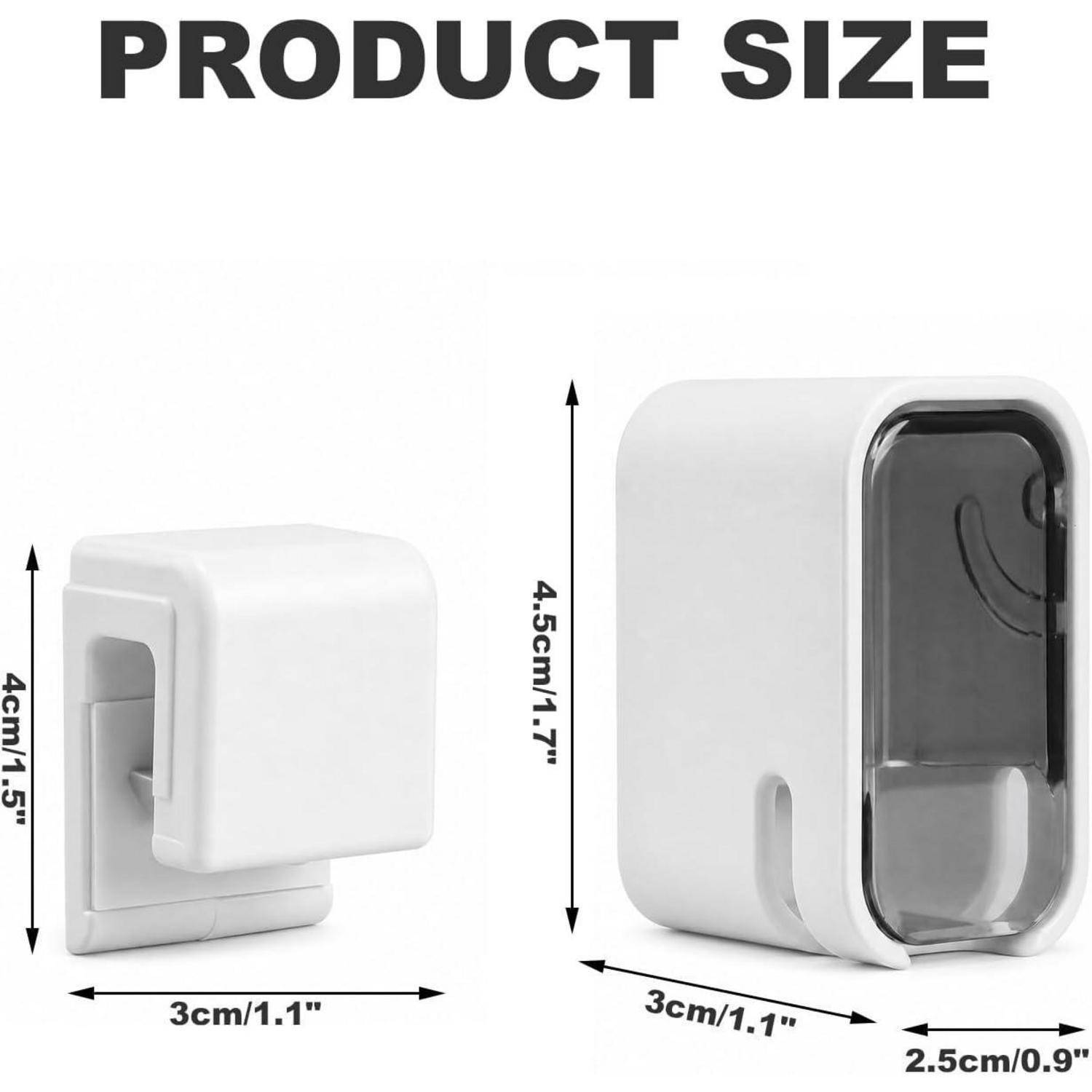 Produktgrößendiagramm mit einem weiß angebrachten Haken/Halter: 4 cm hoch, 3 cm breit, 4,5 cm hoch bei einem Modell und 2,5 cm tief.
