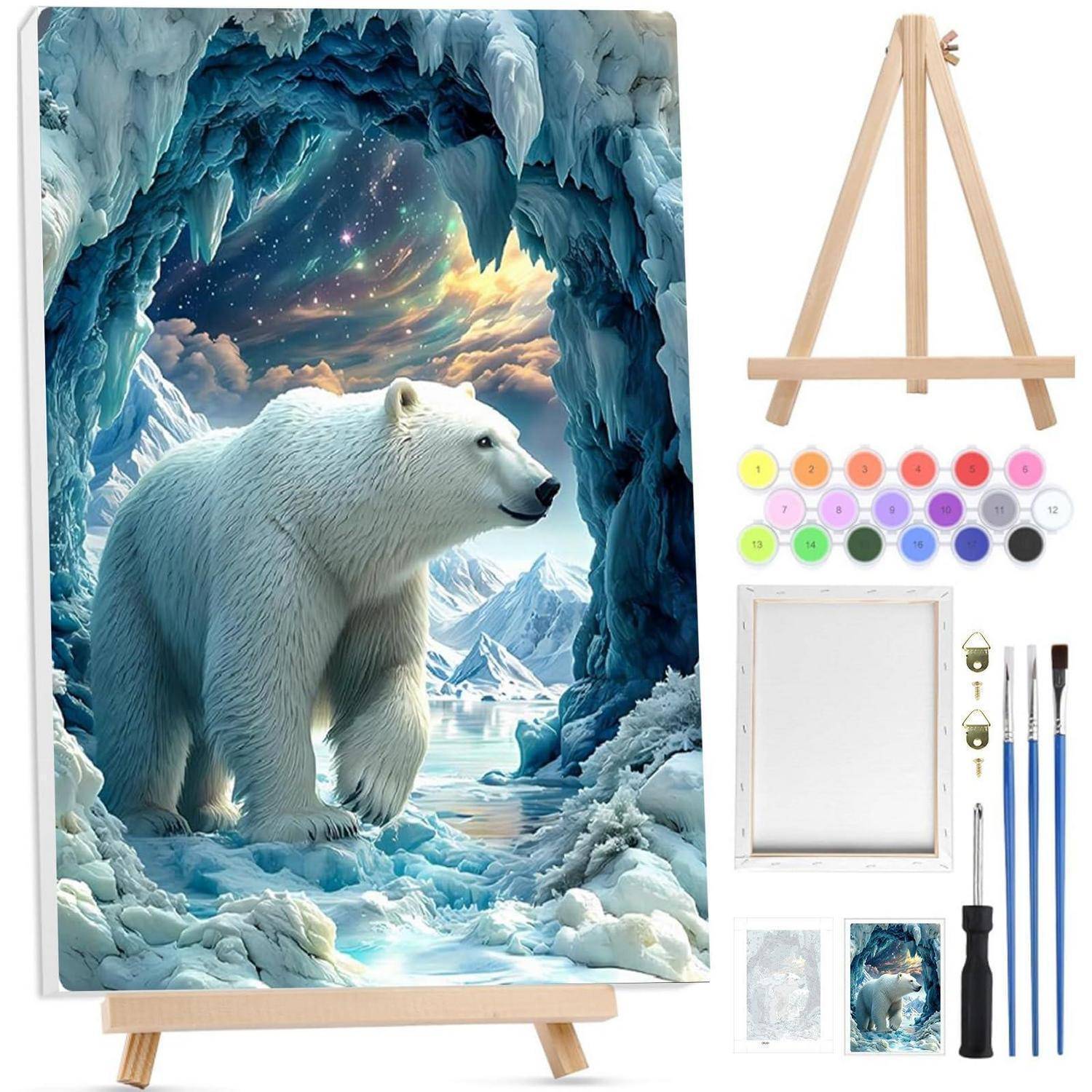 Kunstset mit einer Eisbärmalerei auf einer Staffelei mit Pinseln, Farben und einer leeren Leinwand für ein Malen-nach-Zahlen-Projekt.