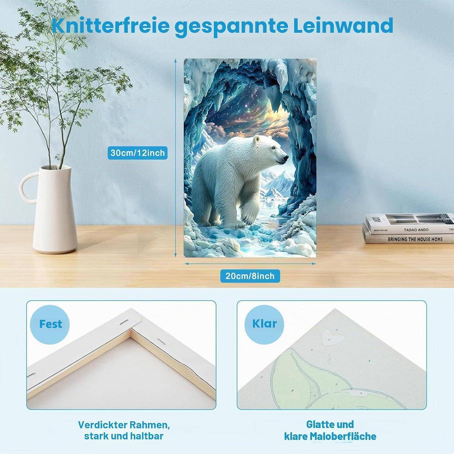 Werbebild einer rahmenlosen gespannten Leinwand mit einem Eisbären in einer Eishöhle, mit den Maßen 30 cm mal 20 cm, mit Nahaufnahmen des stabilen Rahmens und der glatten Maloberfläche.