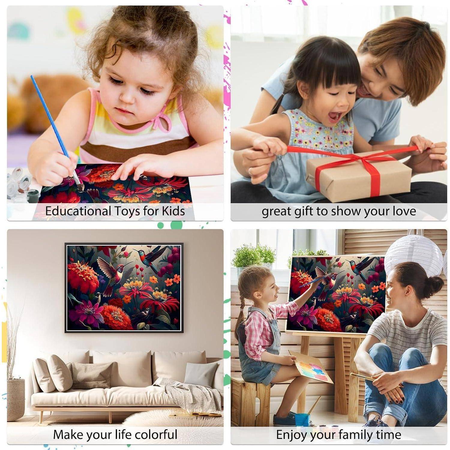 Vier-Panel-Collage zeigt ein Kind beim Malen, ein Elternteil und ein Kind, die ein Geschenk auspacken, bunte Wandkunst in einem Wohnzimmer und eine Familie, die gemeinsam Zeit genießt.