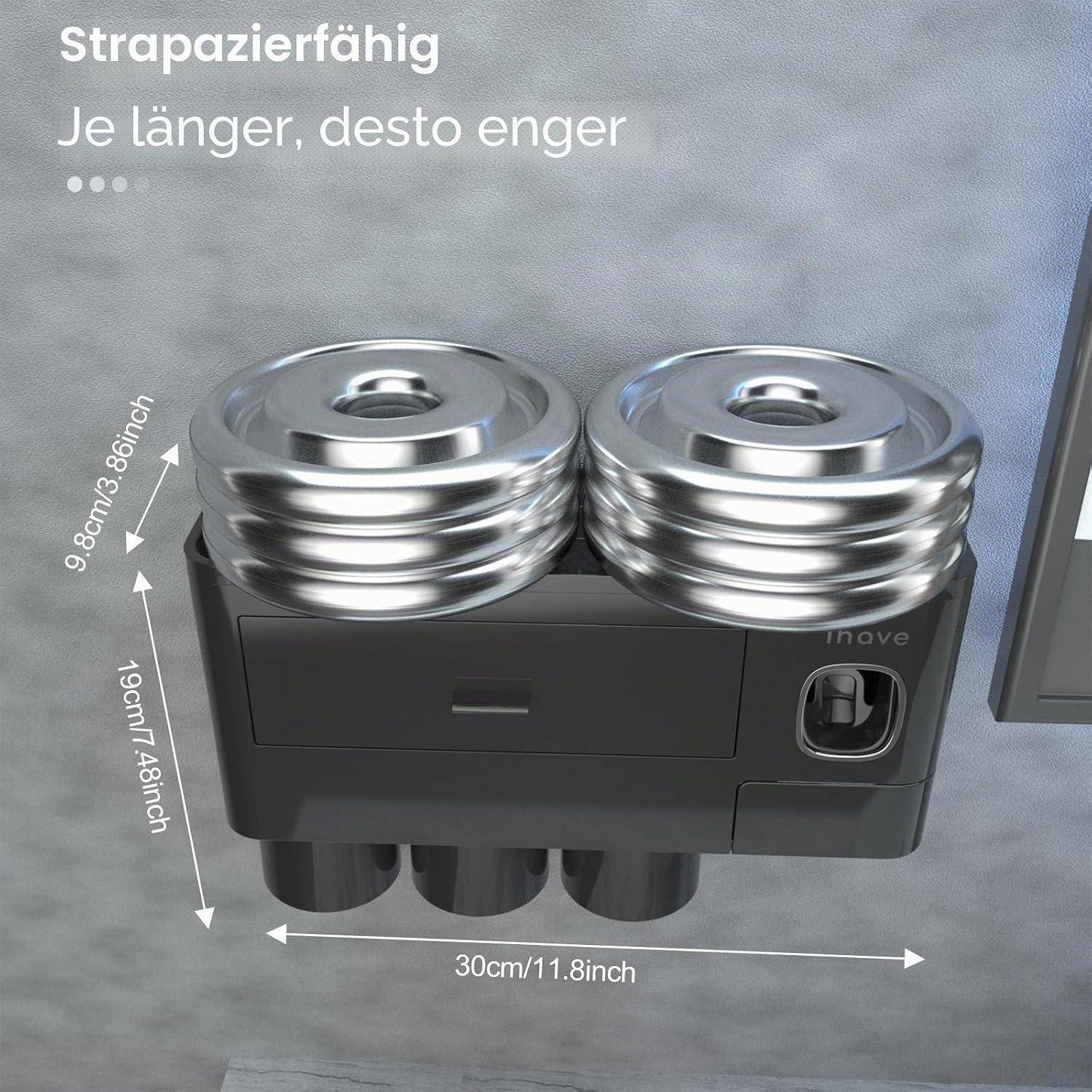 3D-Produktvisualisierung einer kompakten schwarzen Maschine mit zwei gestapelten Metallscheiben, beschriftet mit Abmessungen 30 cm breit, 19 cm hoch und 9,8 cm tief, plus deutscher Text 