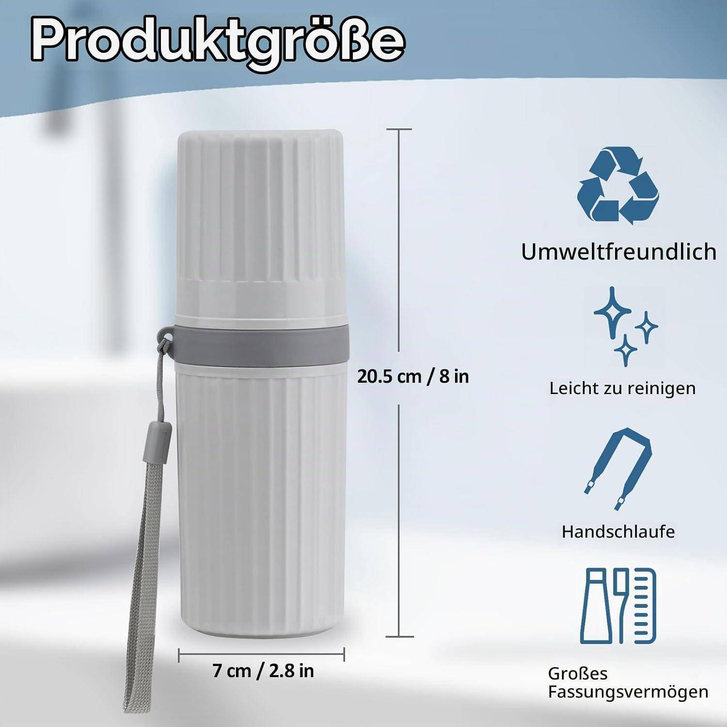 Deutsches Produktgrößen-Grafik mit einem grauen zylindrischen Behälter mit Riemen, beschriftet mit 20,5 cm/8 Zoll Höhe und 7 cm/2,8 Zoll Breite, plus Symbole für umweltfreundlich, leicht zu reinigen, Handgelenkgurt und großes Fassungsvermögen.