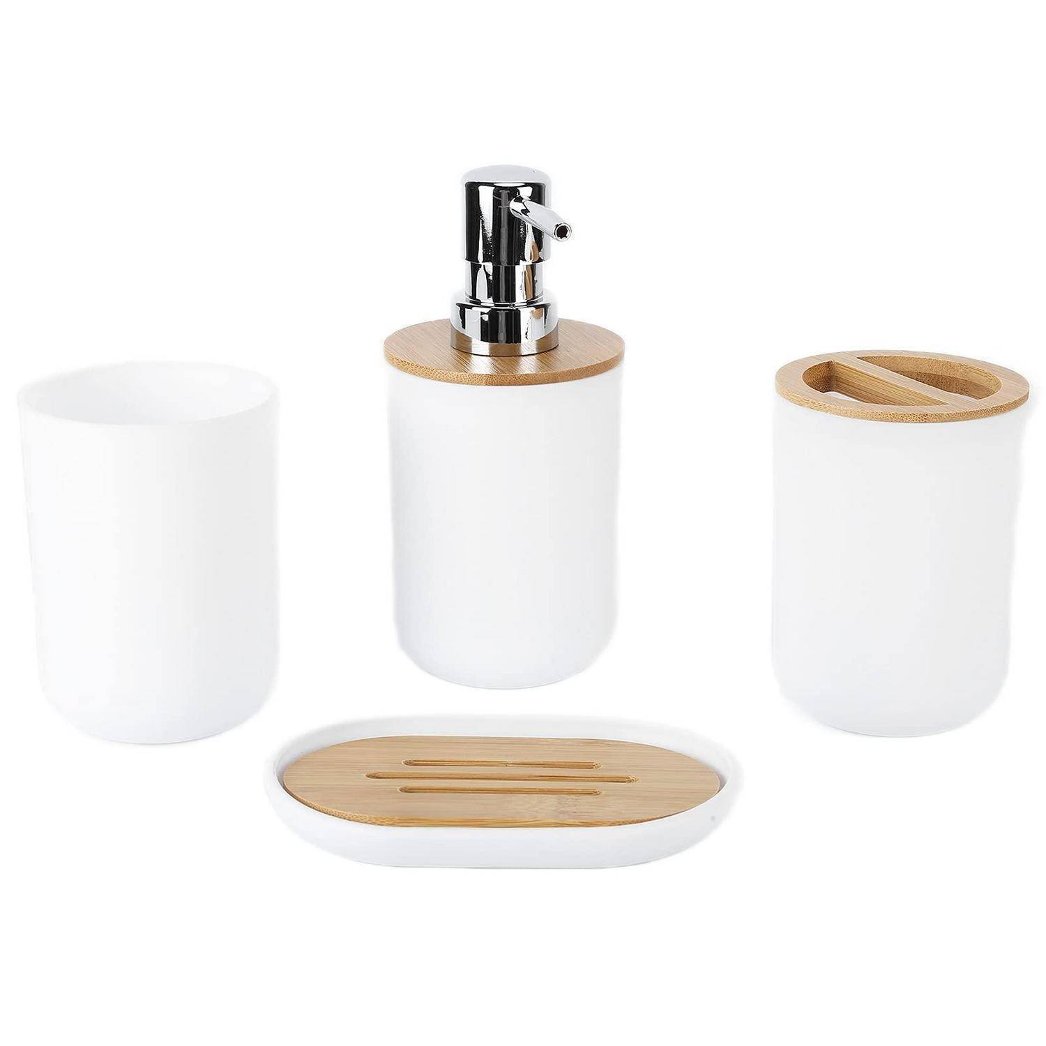 Weiße Badezimmeraccessoires-Set mit Seifenspender, Becher, Zahnbürstenhalter und ovalem Tablett mit Bambusdeckeln und Chrompumpe