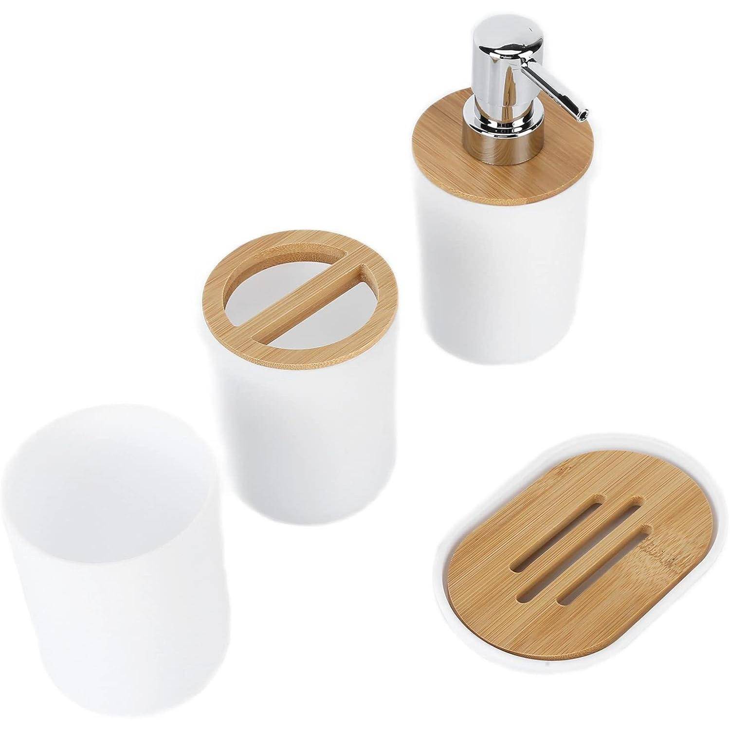 Hyuduo 4-teiliges Badezimmer Aufbewahrungsset mit Zahnbürstenhalter, Seifenspender, Lotionspender und Tasse Weiß Bad Organizer Set für optimierte