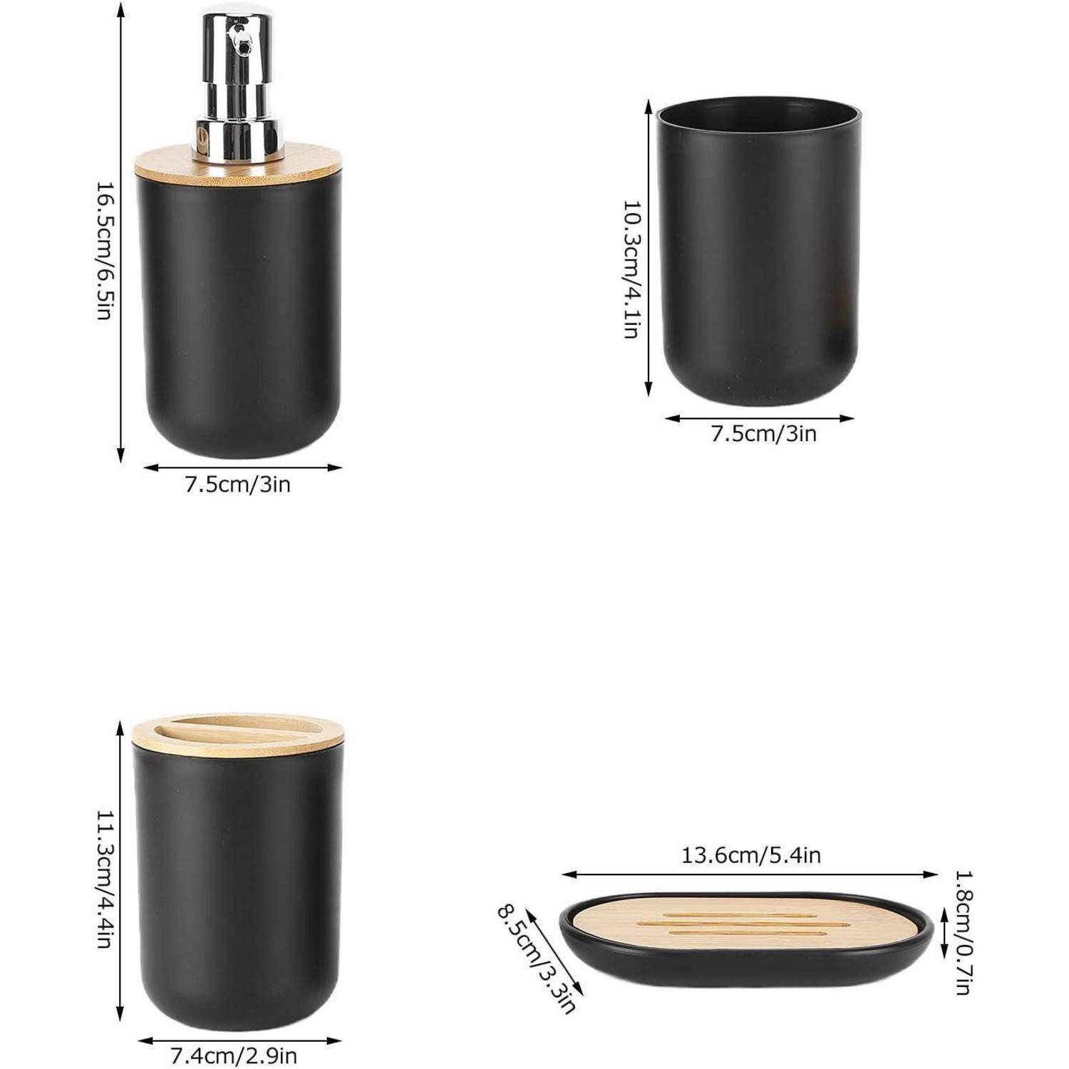 Produktmaße-Diagramm einer schwarzen zylindrischen Badezimmertasse und zugehöriger Spenderteilkomponenten, das vier Ansichten mit Maßen in cm und Zoll zeigt.