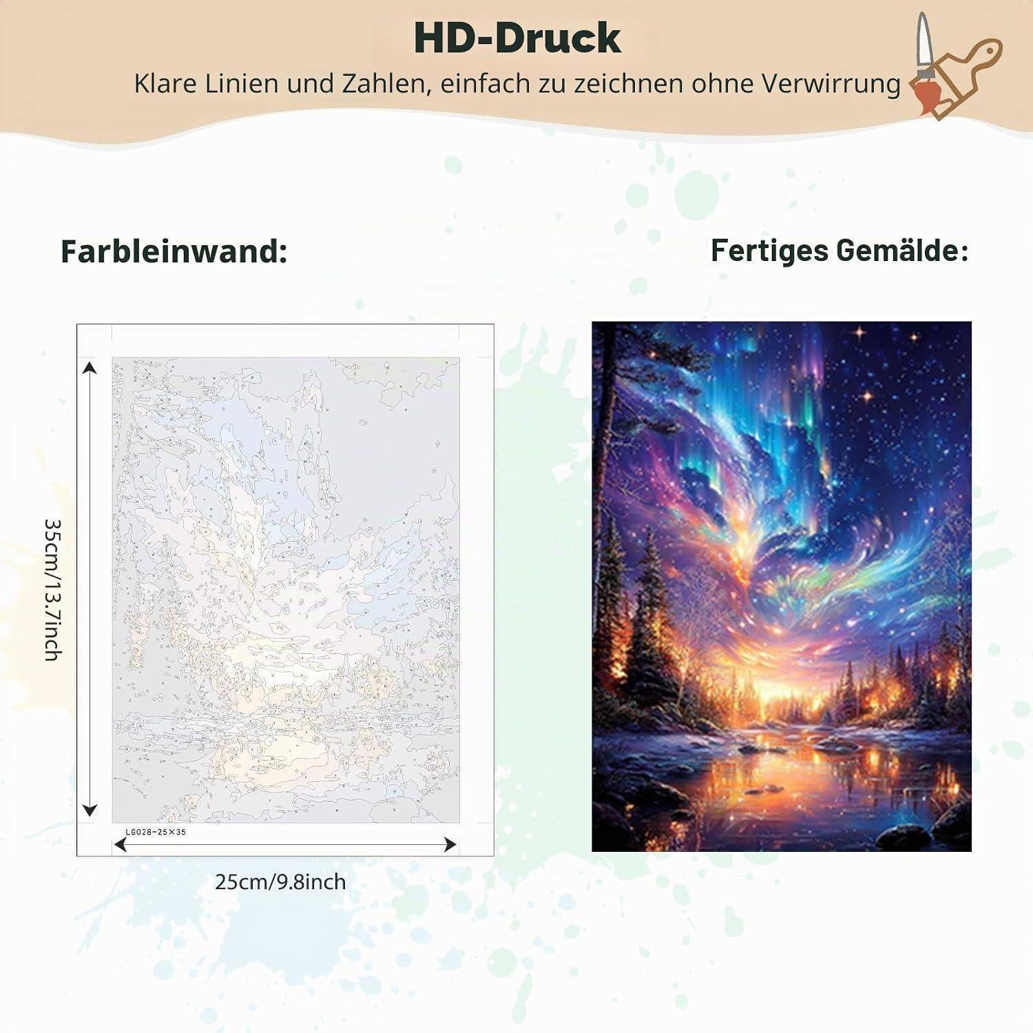 Deutsches Produktgrafik, das eine leere Malen-nach-Zahlen-Leinwand mit dem fertigen farbenfrohen Landschaftsgemälde vergleicht; zeigt die Größe 25 cm mal 35 cm.