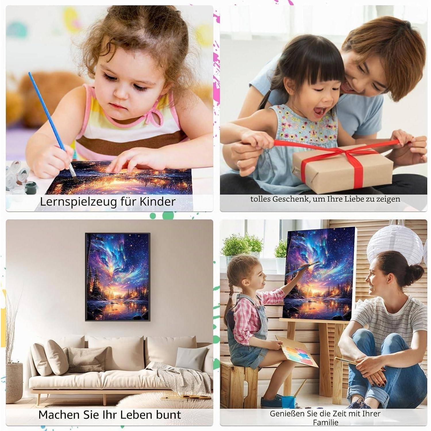 Vierertafel-Collage von Familien- und Geschenkszenen: Kind malt, Elternteil und Kind öffnen ein Geschenk, und zwei Bilder zeigen einen bunten Wanddruck in einem Wohnzimmer.
