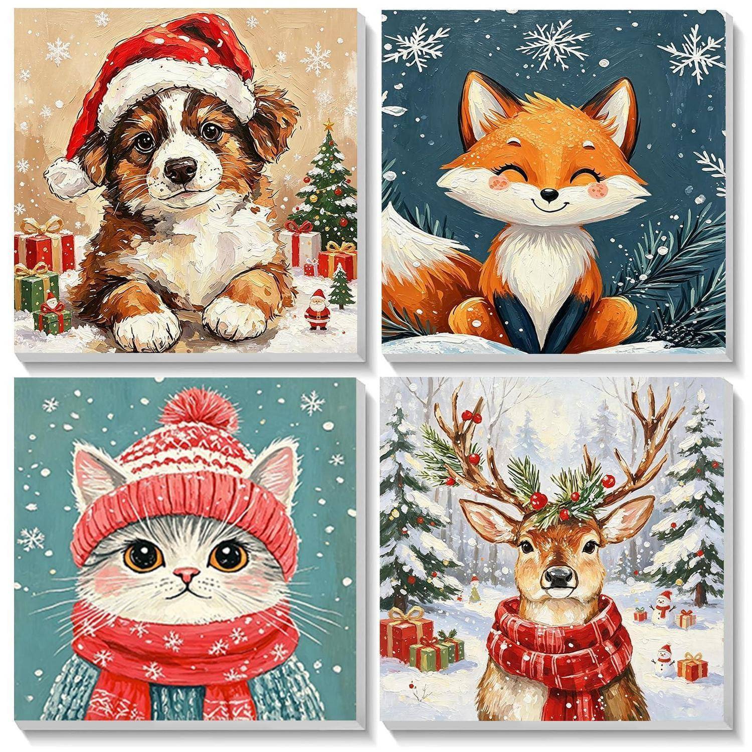 Vier festliche Wintertierporträts: ein Welpe in einer Weihnachtsmütze, ein lächelnder Fuchs, eine Katze in einer roten Strickmütze und einem Schal, und ein Hirsch mit Geweih in einem verschneiten Wald.