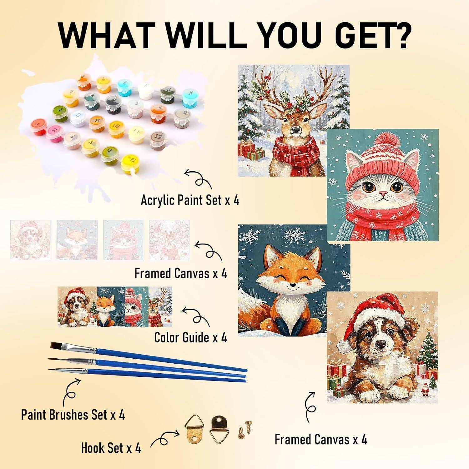 Produktinhalts-Infografik mit einem Acrylmalset, 4 gerahmten Leinwänden, 4 Farbanleitungen, 4 Pinseln und 4 Hakensätzen mit Beispielmalereien von Weihnachtstieren.