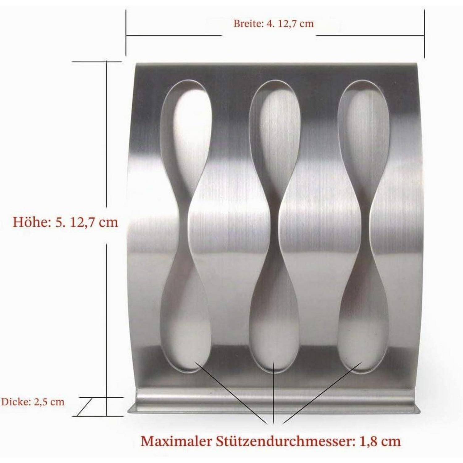Gebürsteter Metall-Utensilien-Halter mit vier löffelförmigen Ausschnitten; beschriftete Abmessungen zeigen Breite 12,7 cm, Höhe 12,7 cm, Tiefe 2,5 cm, maximaler Stützdurchmesser 1,8 cm.